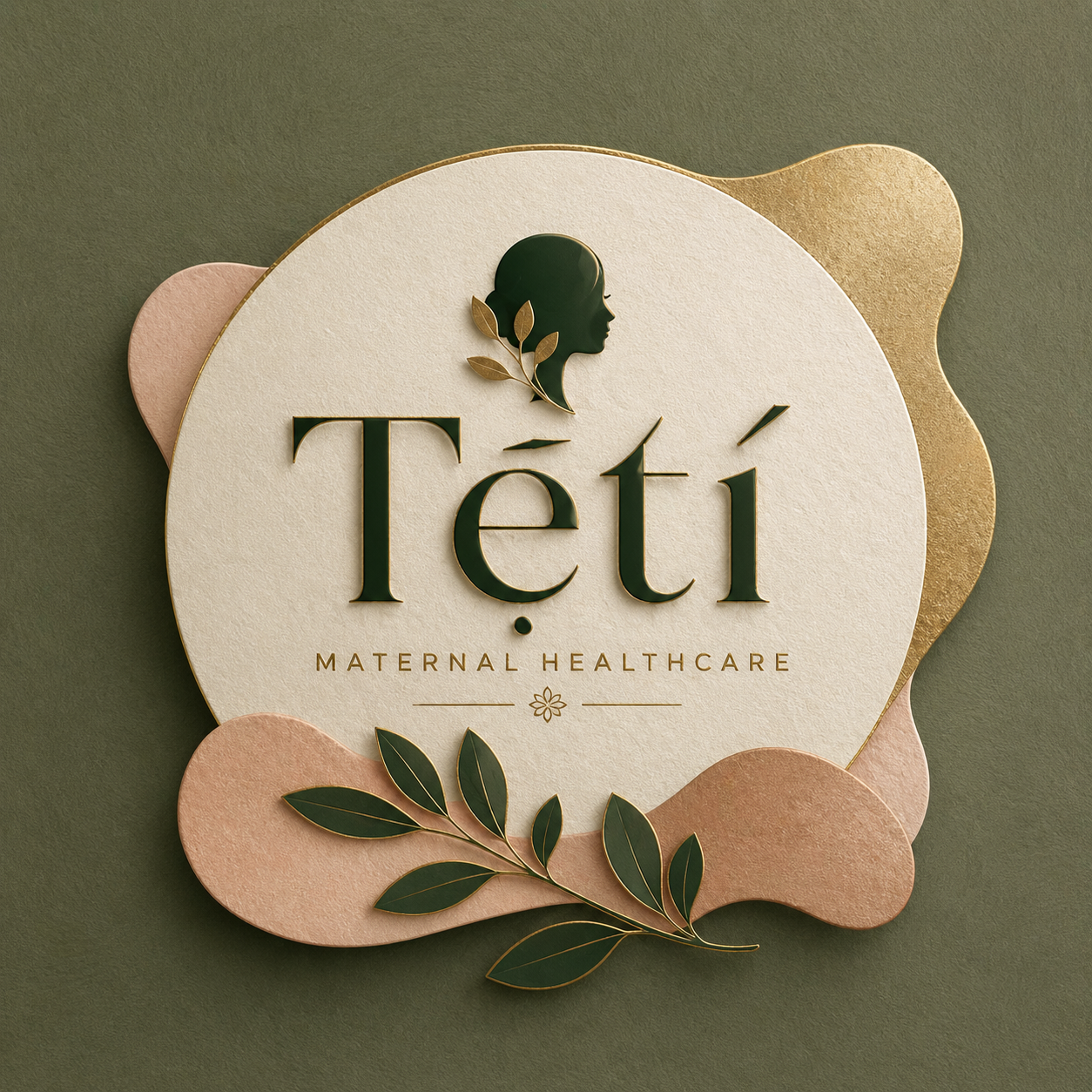 Logo for Têti Maternal Healthcare featuring a silhouette of a woman's profile with leaves, set against a layered decorative background.