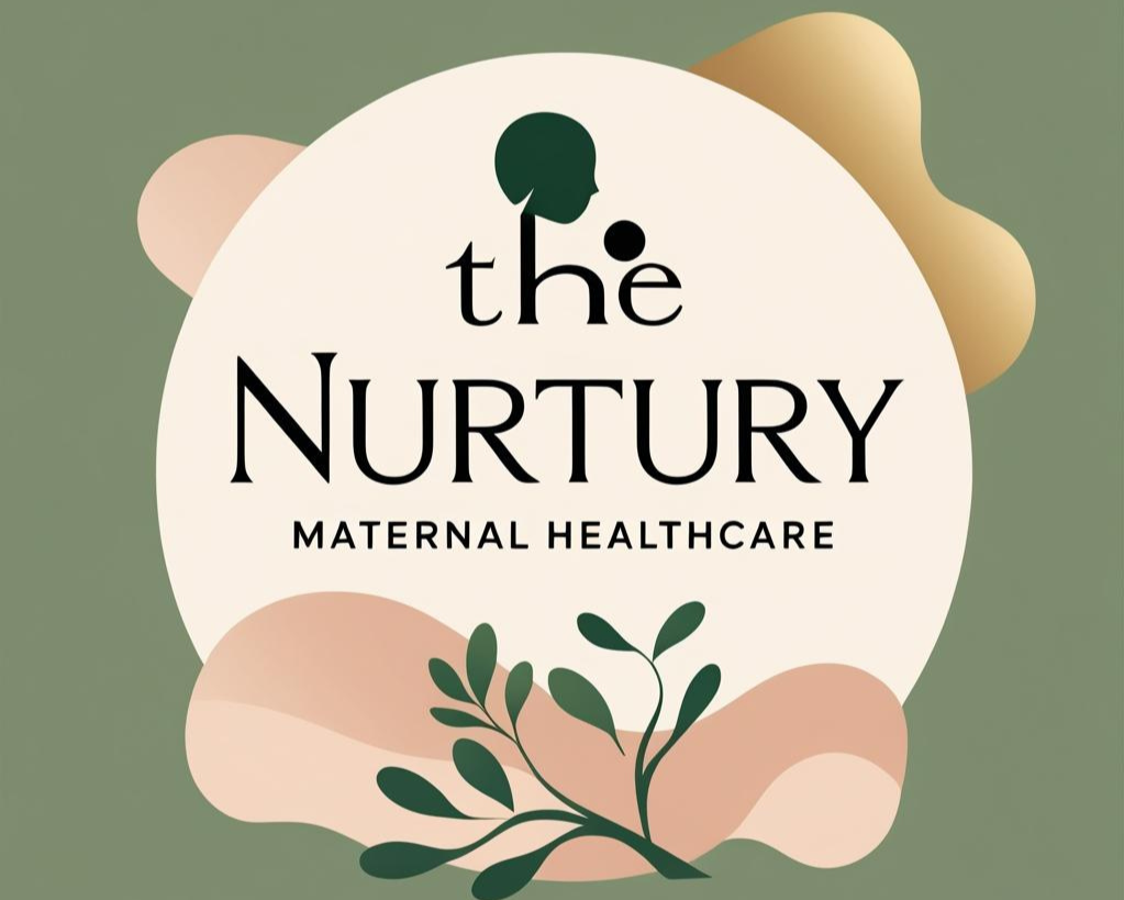 Logo for The Nurtury Maternal Healthcare featuring a dark green silhouette of a pregnant woman and plant motifs on a beige and green background.