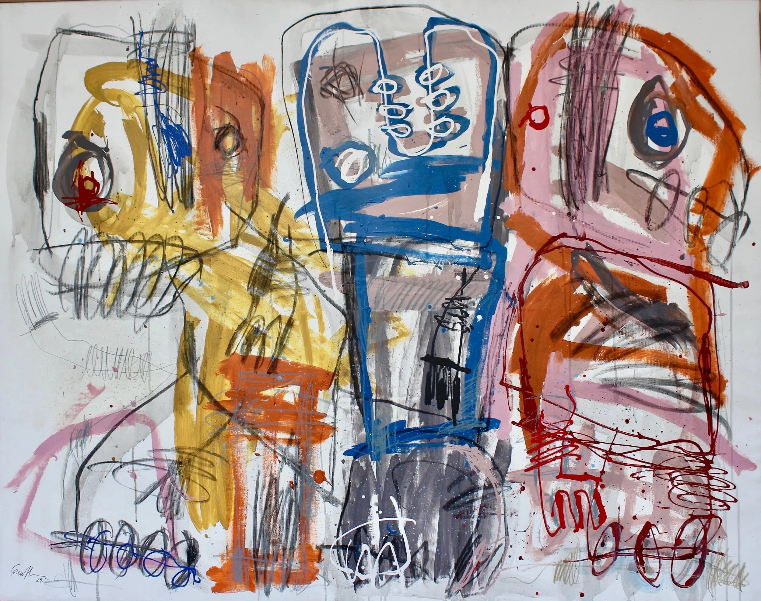 Peinture abstraite avec lignes noires, rouges, bleues, jaunes, roses et grises, formes floues et lignes tourbillonnantes.