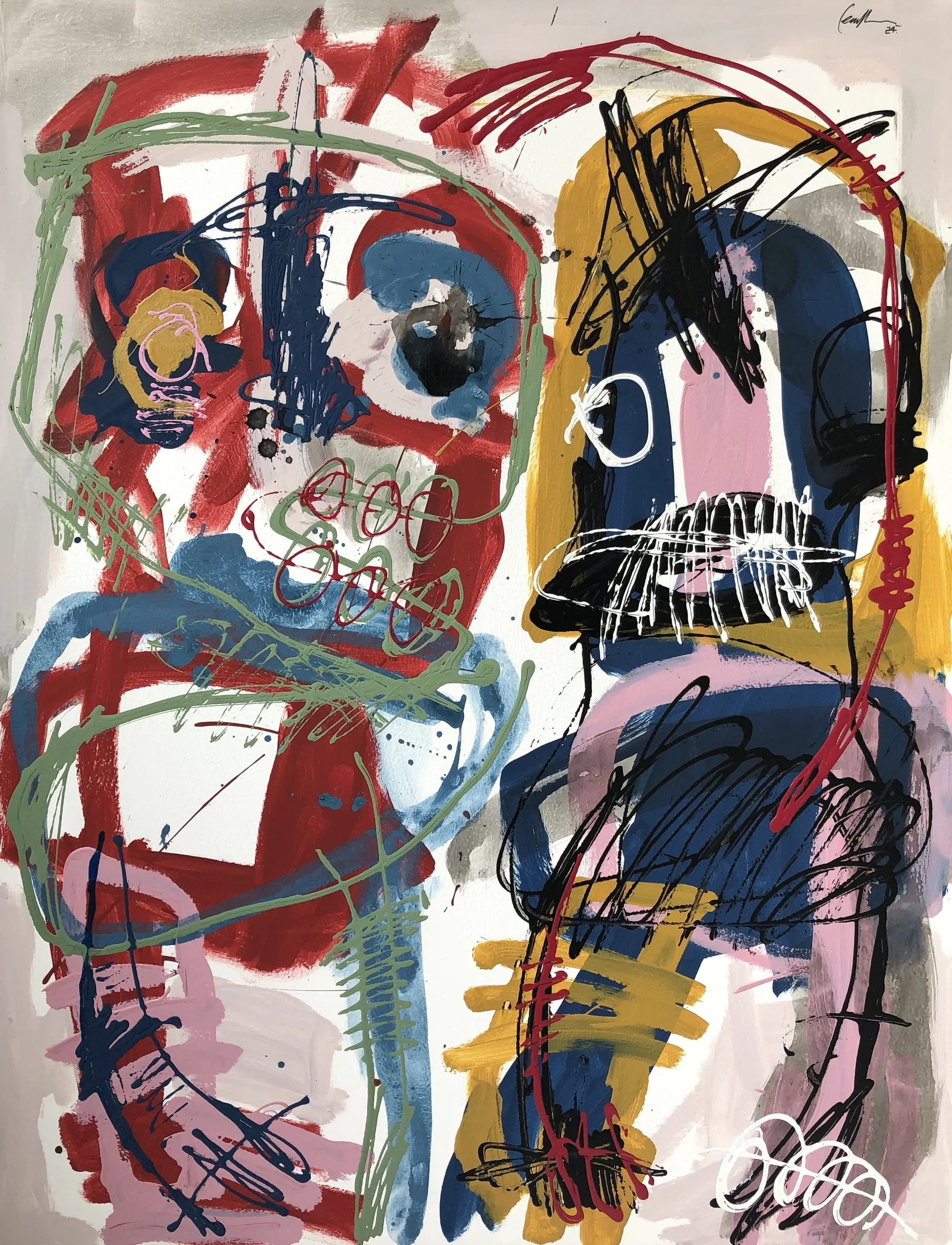 Peinture abstraite avec deux visages esquissés en style expressionniste, utilisant des couleurs vives comme rouge, bleu, jaune, noir, blanc, vert et rose, avec des lignes dynamiques et des formes libres.