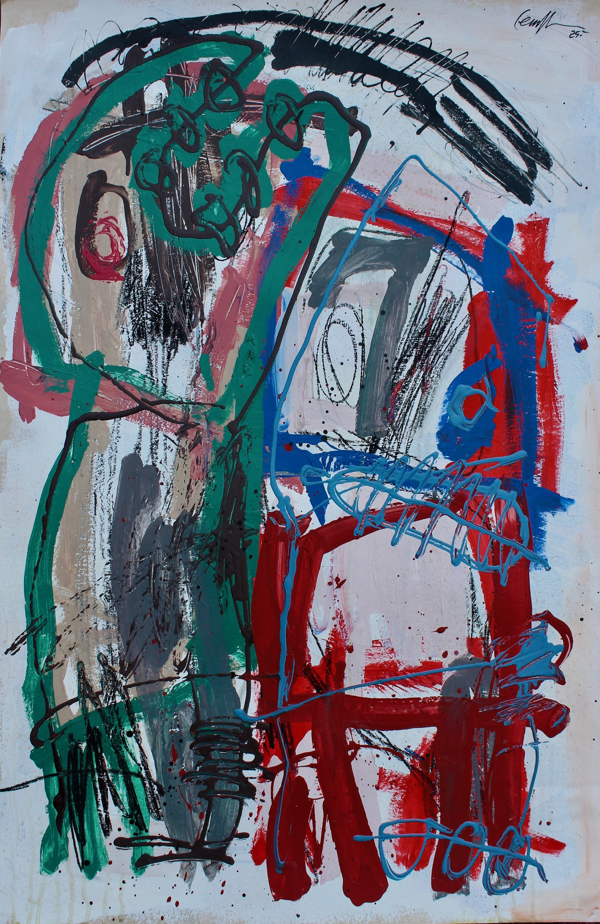 Peinture abstraite avec des traits colorés, notamment rouge, bleu, vert, noir et gris, en lignes et formes libres.