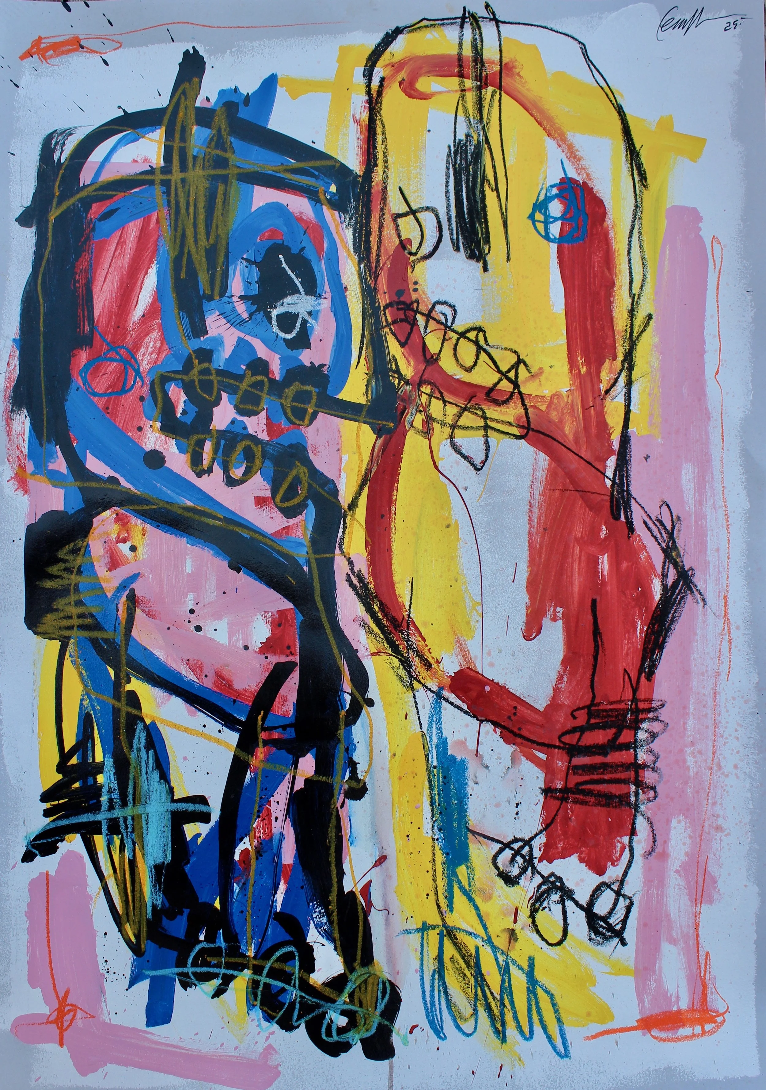 Peinture abstraite avec des lignes noires, des touches de rose, bleue, jaune et rouge, représentant deux figures humaines stylisées.