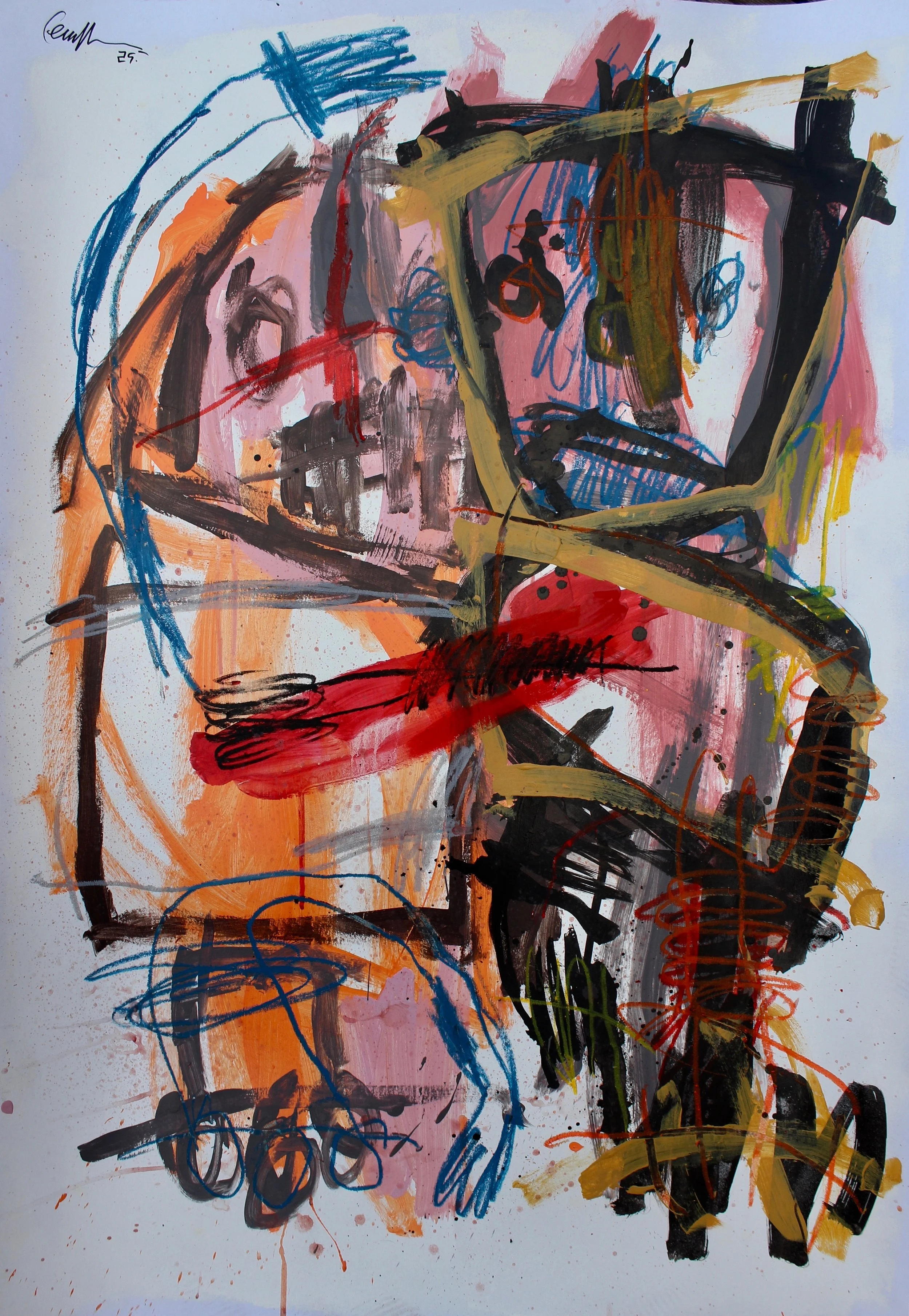 Peinture abstraite avec des traits de différentes couleurs, notamment noir, jaune, rouge, bleu, orange, et rose, créant une composition dynamique et expressive.
