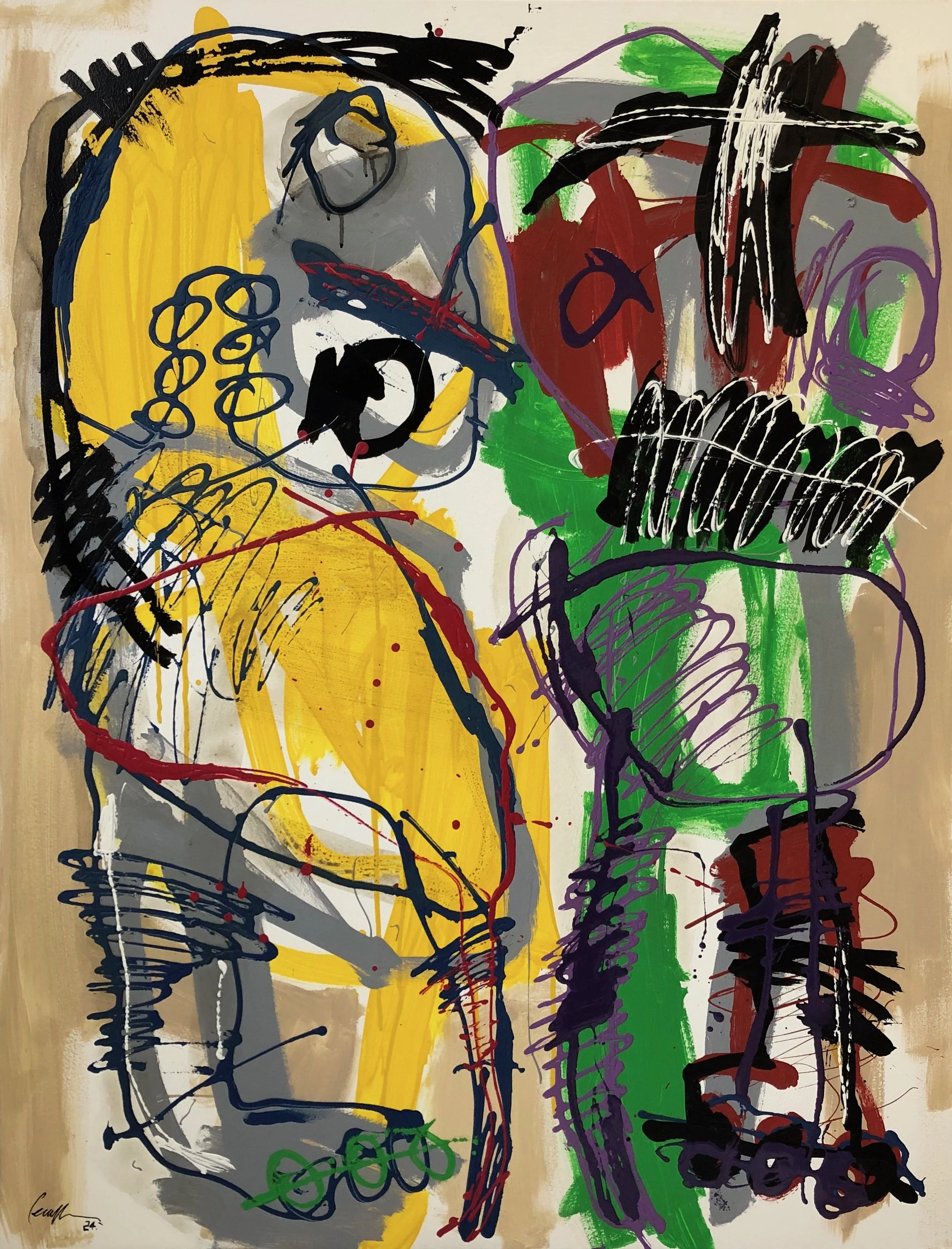 Une peinture abstraite avec des traits noirs, jaunes, rouges, verts, violets et gris, représentant des formes et des lignes libres.