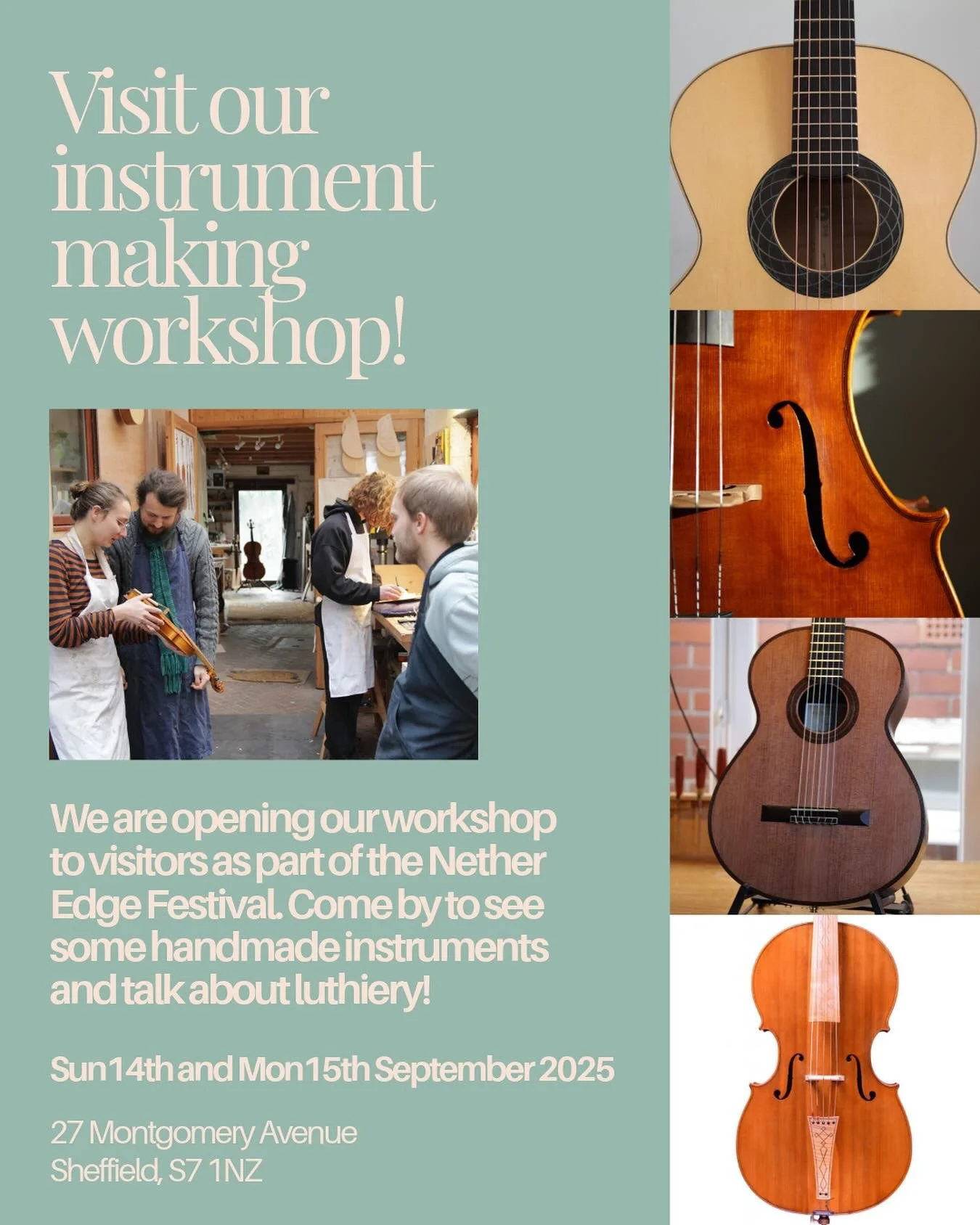 Sunday and Monday in a weeks time, that is the 14th and 15th of September, we will open our charming little workshop to visitors as part of the Nether Edge festival. This is a good opportunity if you are interested in our instruments, luthiery or jus