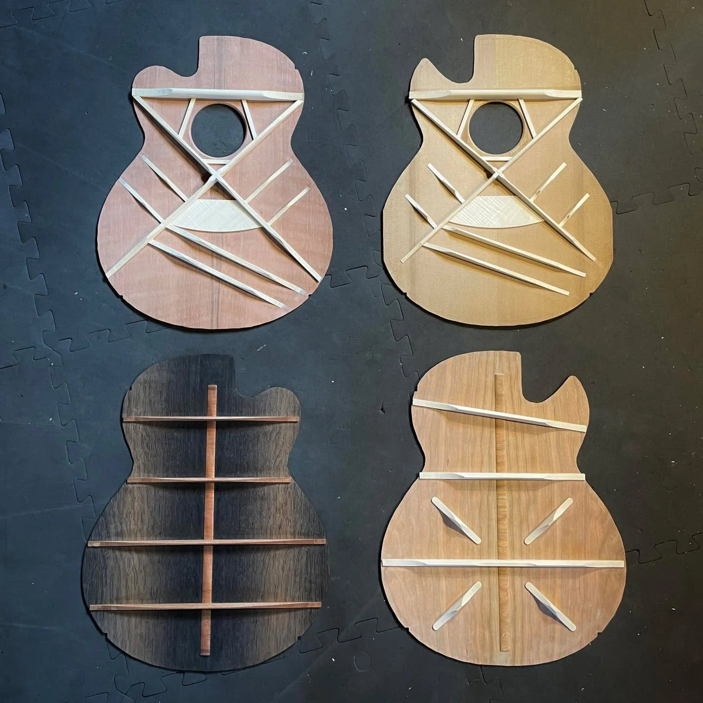 The two steel string guitars I&rsquo;m making are starting to take shape. I&rsquo;m trying a few different approaches to bracing with both the backs and soundboards of these, so very interested to hear how different their voices will be 🤔