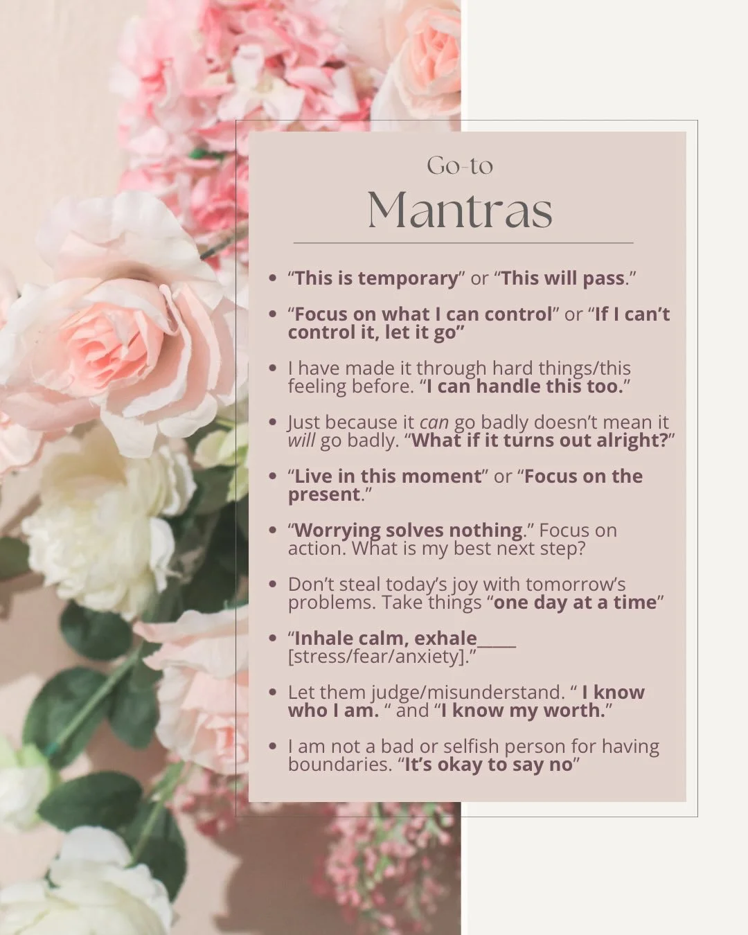 🌸

Do you have a favorite mantra?

The mantras I personally tend to use most are &ldquo;this is temporary&rdquo;, &ldquo;I can&rsquo;t control it, let it go&rdquo; (alternatively, &ldquo;there&rsquo;s nothing I can do about that right now, let it go
