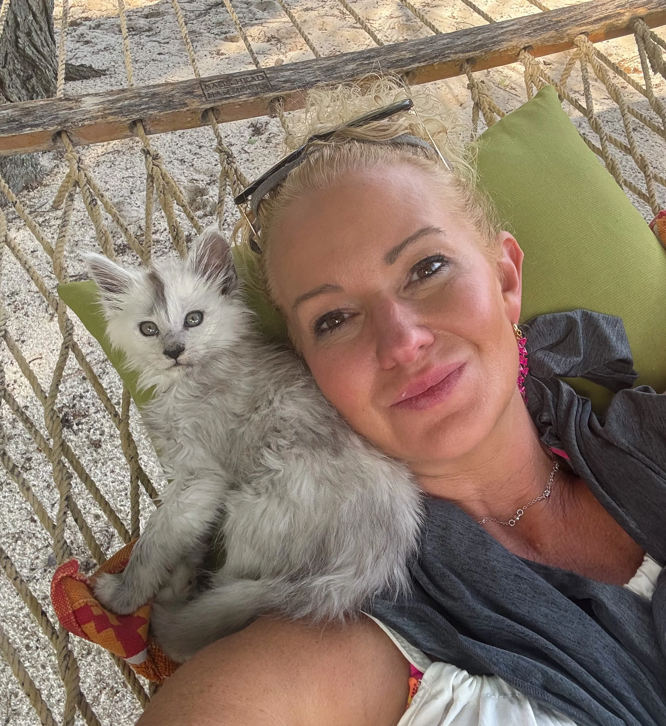 A woman with blonde hair lying on a hammock with a gray and white kitten. The hammock has a green pillow, and the woman is wearing sunglasses on her head, earrings, and a necklace.
