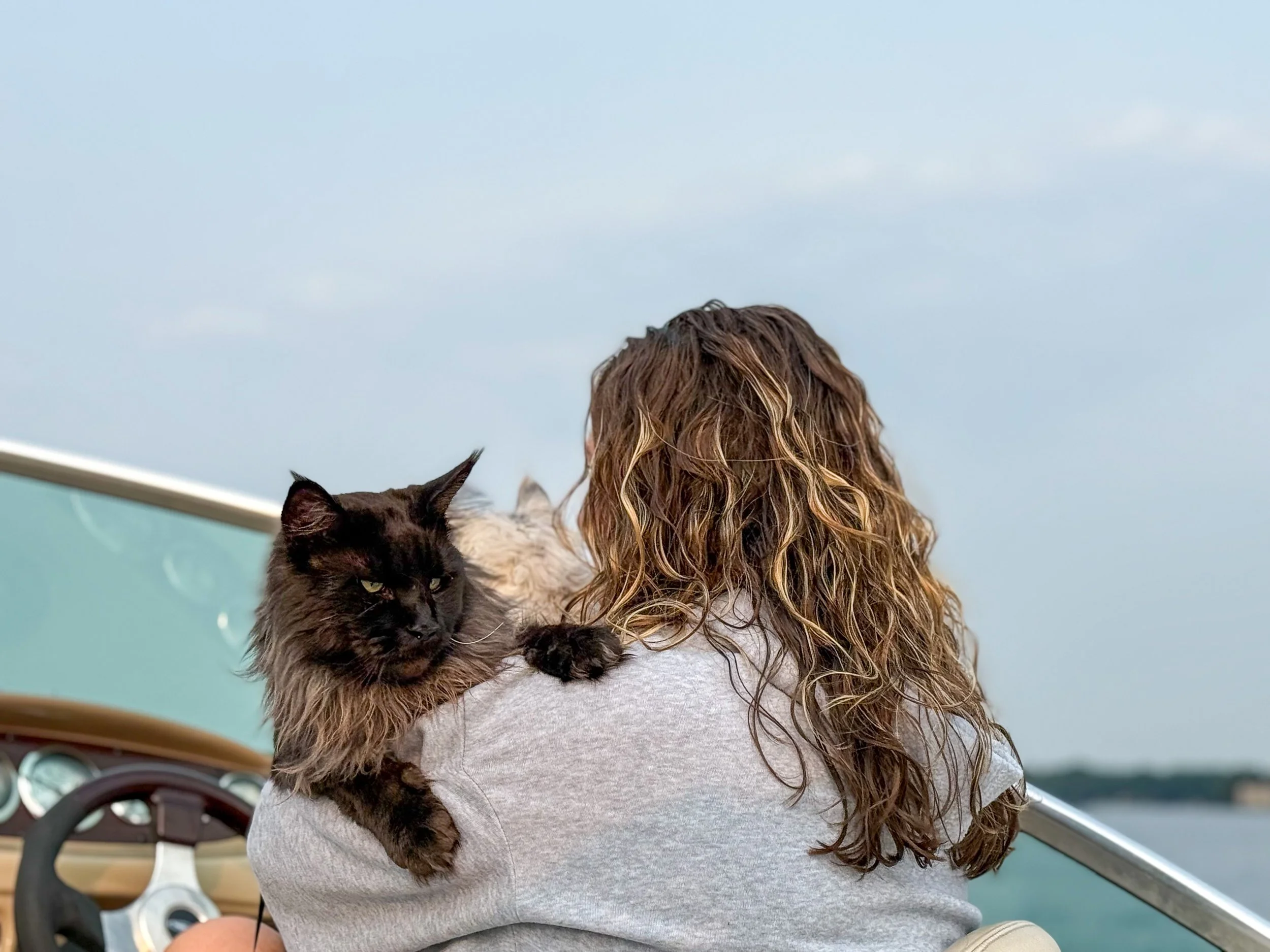 A woman with curly hair holds a long-haired black and brown Maine Coon cat on her shoulder, on a boat with water and sky in the background - Mainecoon Gods LLC Cattery