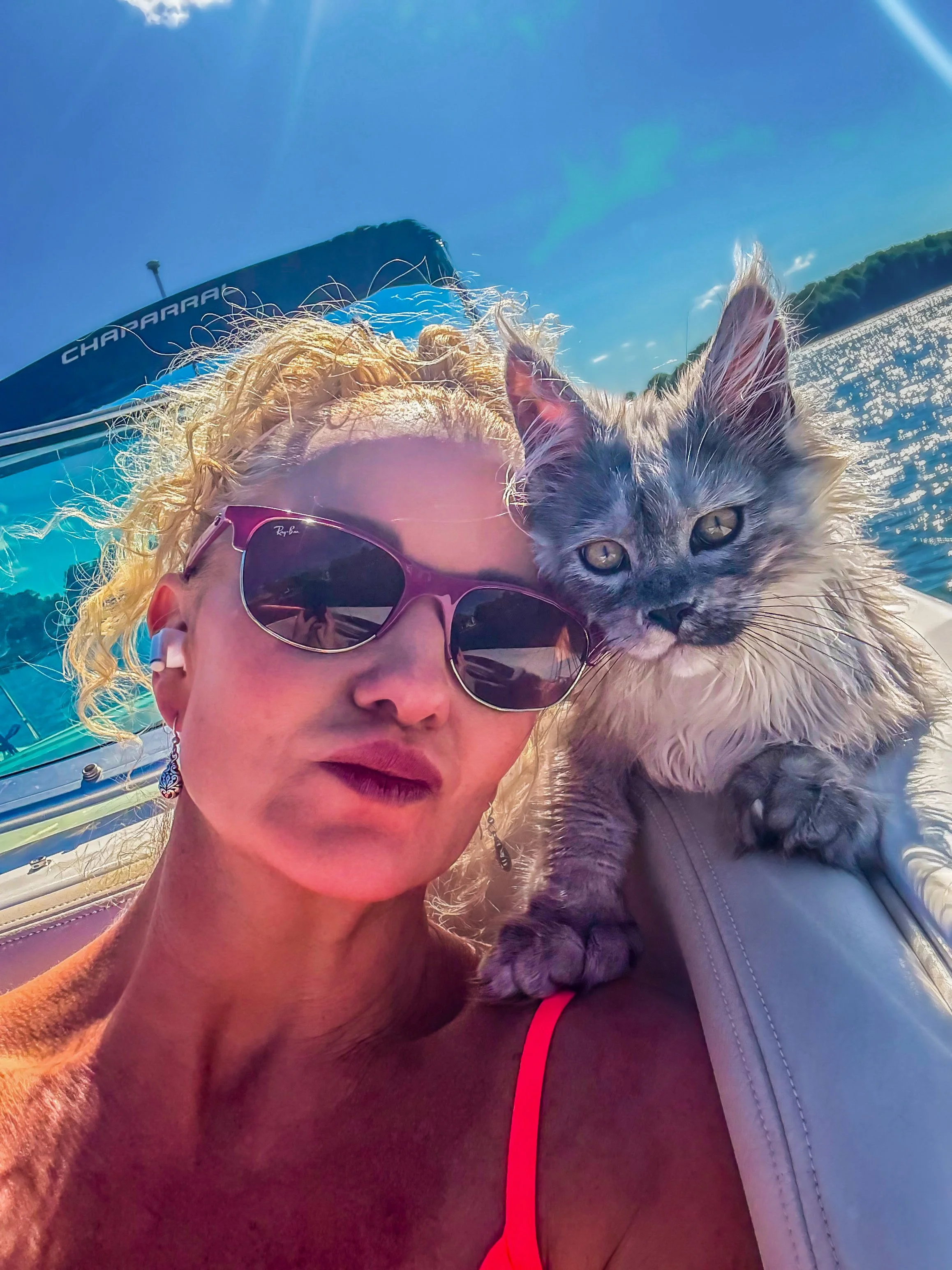 A woman with curly blonde hair wearing sunglasses and earrings, and a gray Maine Coon kitten with long fur, sitting together on a boat during bright sunny weather with water in the background - Mainecoon Gods LLC