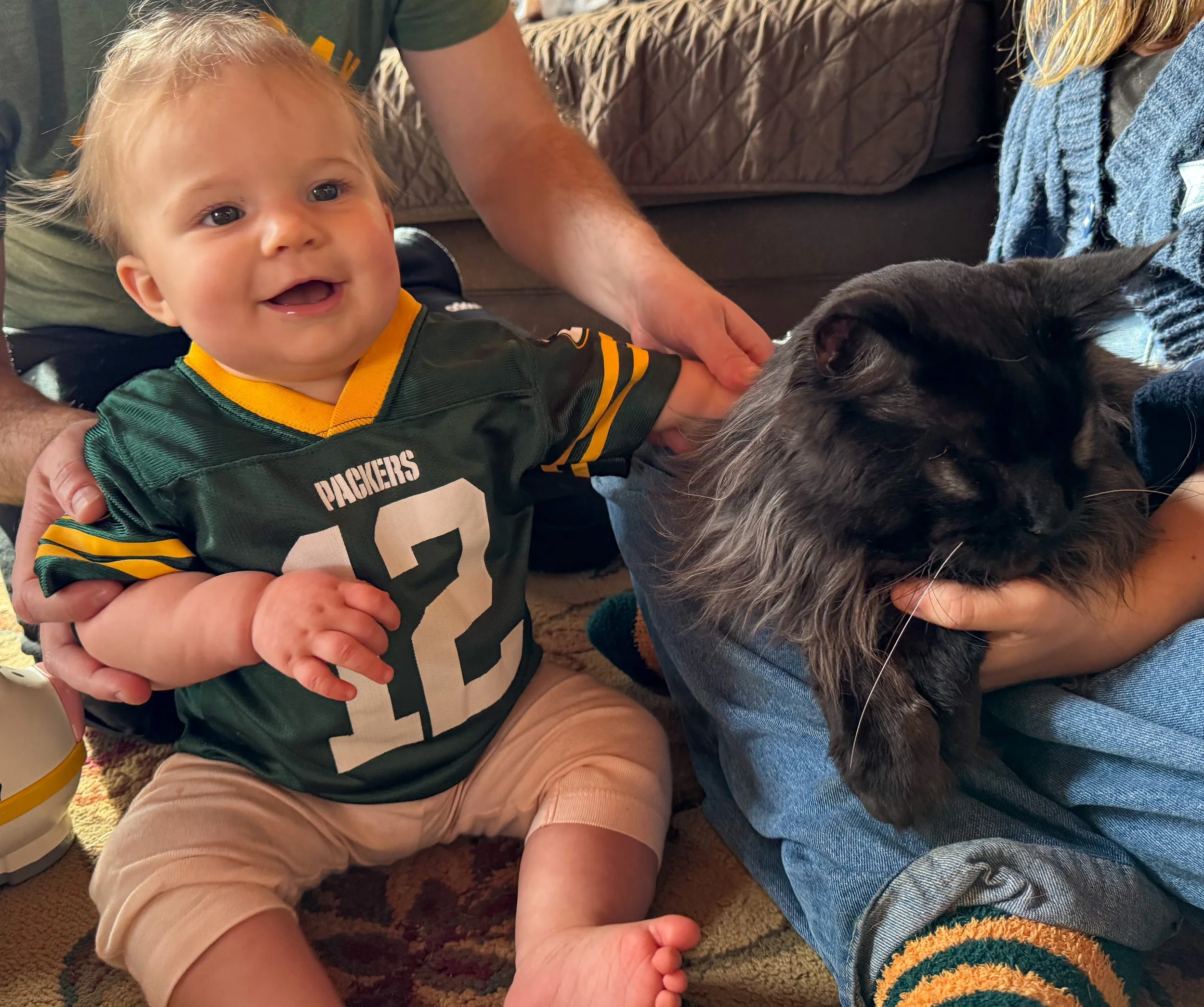 A happy baby wearing a green and yellow Packers jersey sitting on the floor, petting a large black cat that is lying on someone's lap.