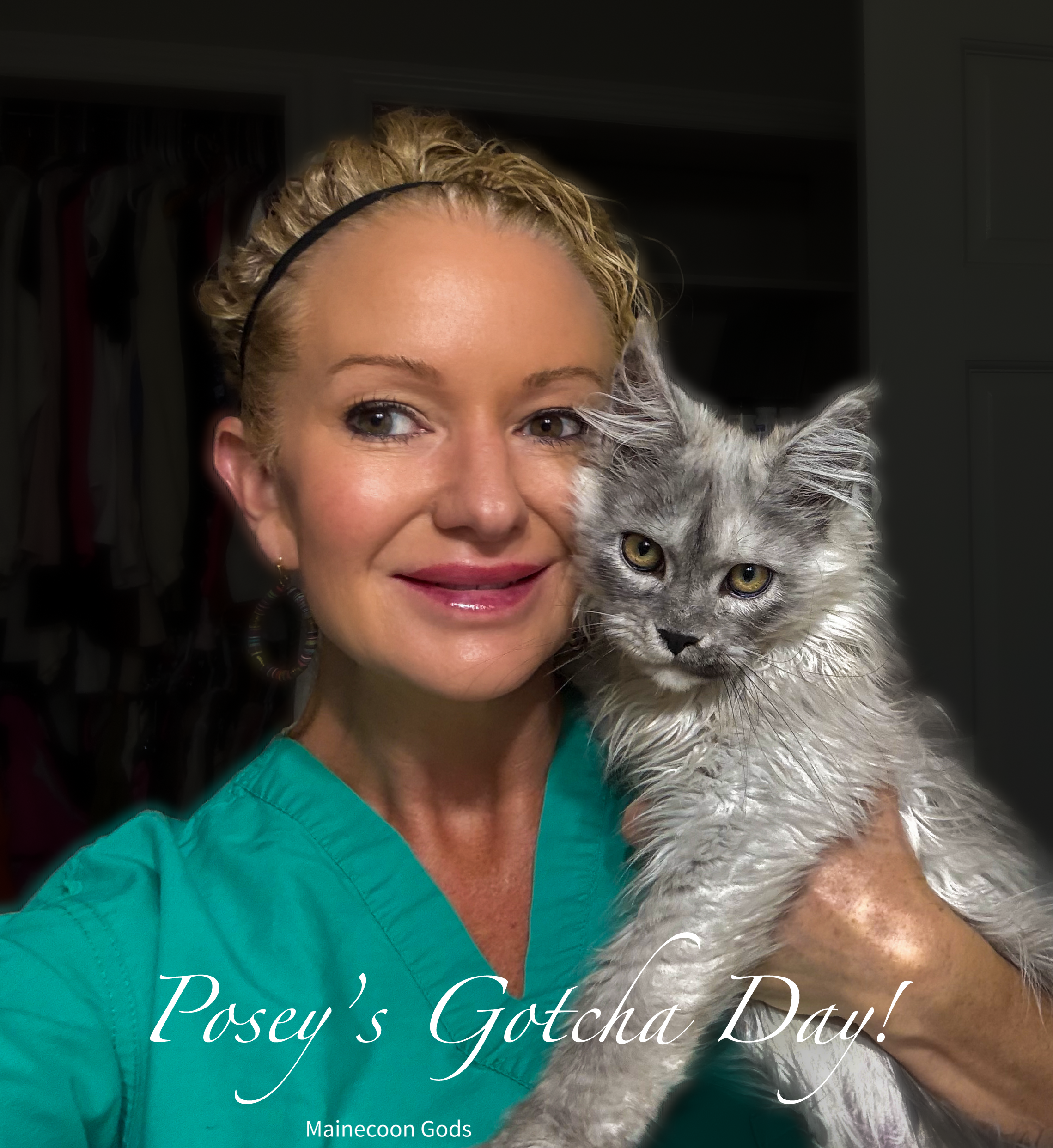 A woman in teal scrubs smiling and holding a wet gray Maine Coon cat indoors. Text on image reads "Posey's Gotta Day!" and "Mainecoon Gods."