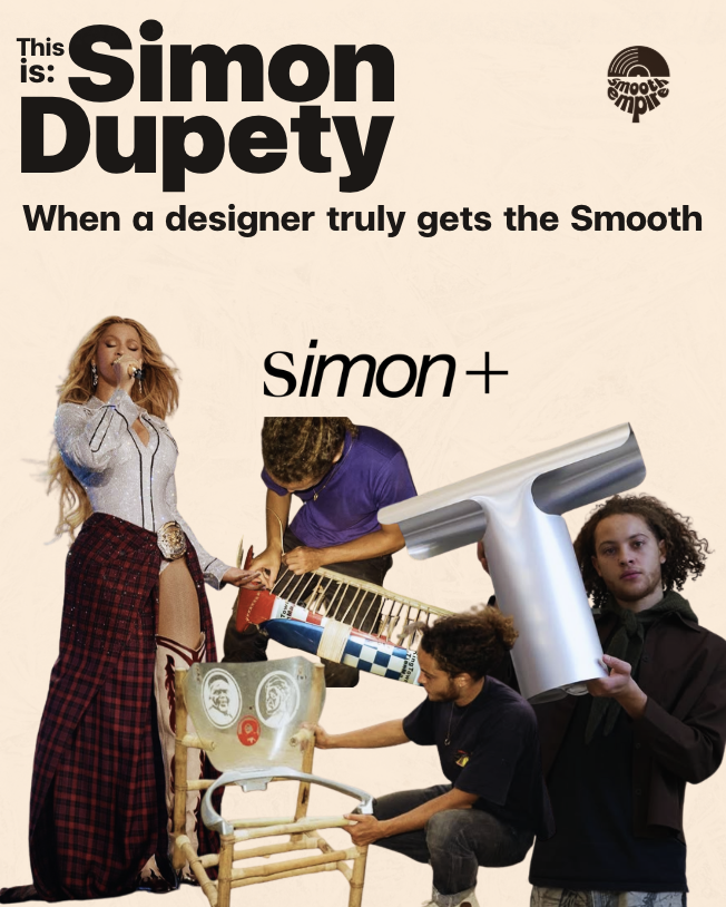 Une affiche promotionnelle pour une collaboration entre Simon Dupety et la marque de sèche-cheveux Smooth Empire, mettant en scène quatre personnes avec un sèche-cheveux géant, dans un style créatif et comique.