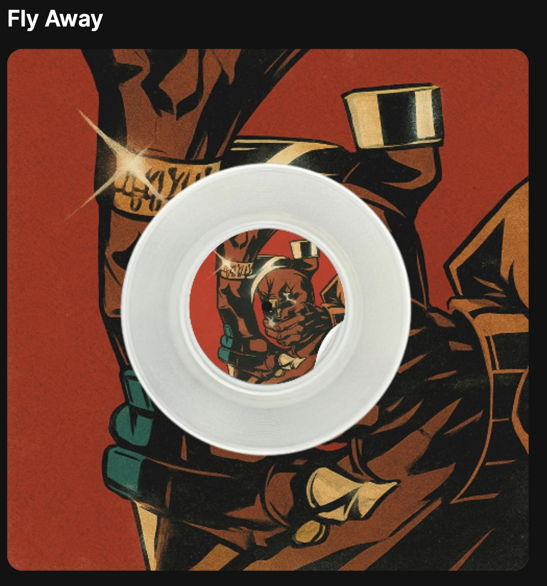 Une affiche illustrée en style bande dessinée avec une main tenant une arme à feu pointée vers l'avant. La couleur de fond est rouge et il y a des détails en noir, beige et vert. Un vinyle blanc circulaire est placé au centre de l'image.