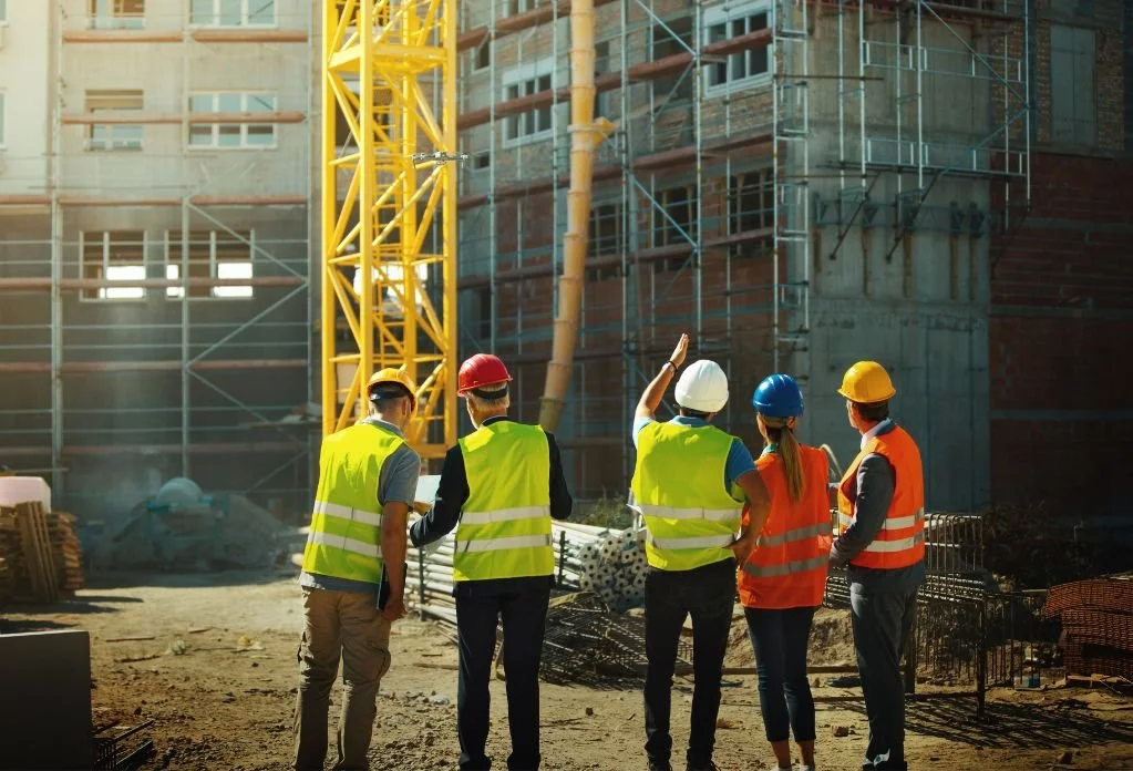 Five construction workers wearing safety helmets and vests, discussing at a building site with scaffolding and construction materials.