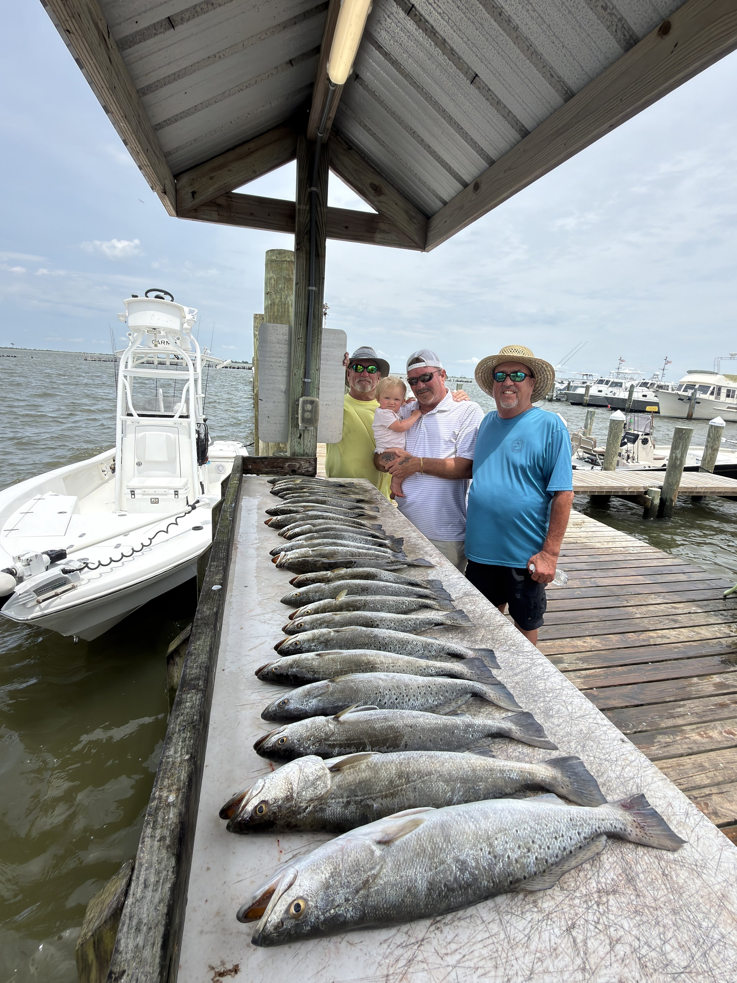 A group of four men and a young girl standing on a dock after a fishing trip, with a row of fish laid out in front of them. The scene is at a waterfront with boats in the background.
