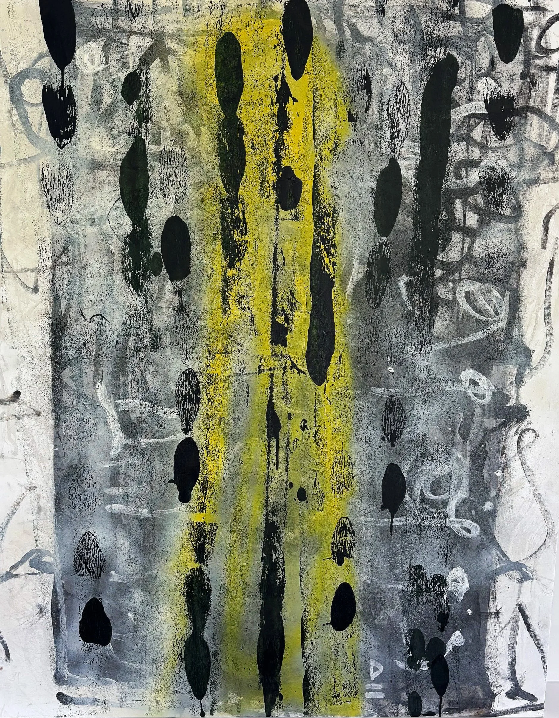 BEWÄLTIGUNG I 
Acryl & Spray auf Leinwand I
120 x 80 cm I
2025 I
€ 2.400,-