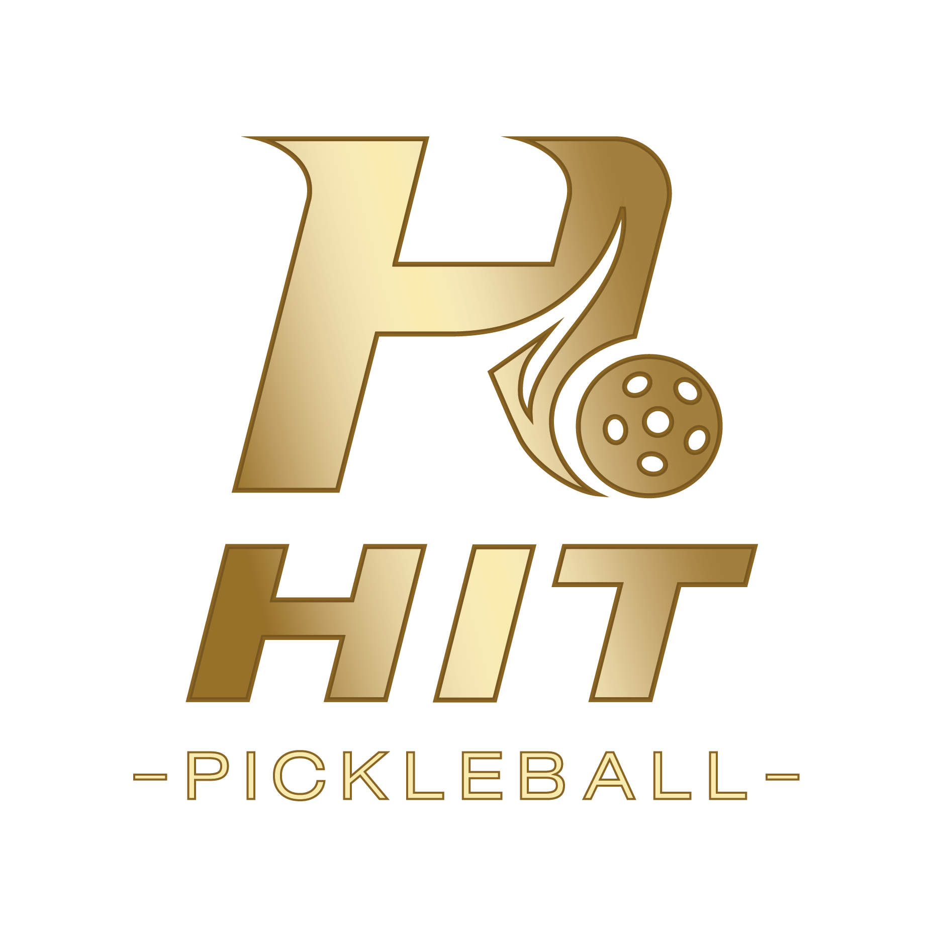 Logo de Hit Pickleball en or avec un design moderne incluant une balle de pickleball stylisée
