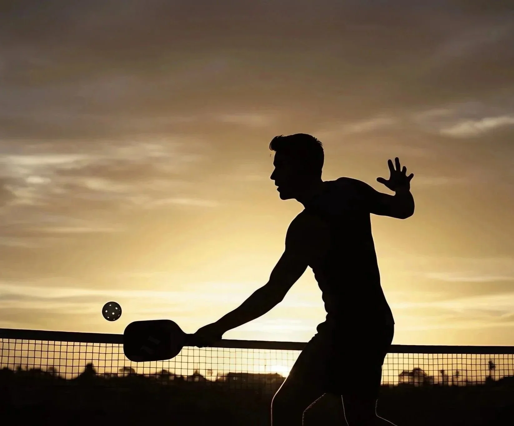 Silhouette d'un jeune homme jouant au pickleball sur un terrain en extérieur au coucher du soleil, avec une balle en mouvement près de la raquette ou pagaie qu'il pourra mettre dans son sac à dos très pratique de marque Hit pickleball.