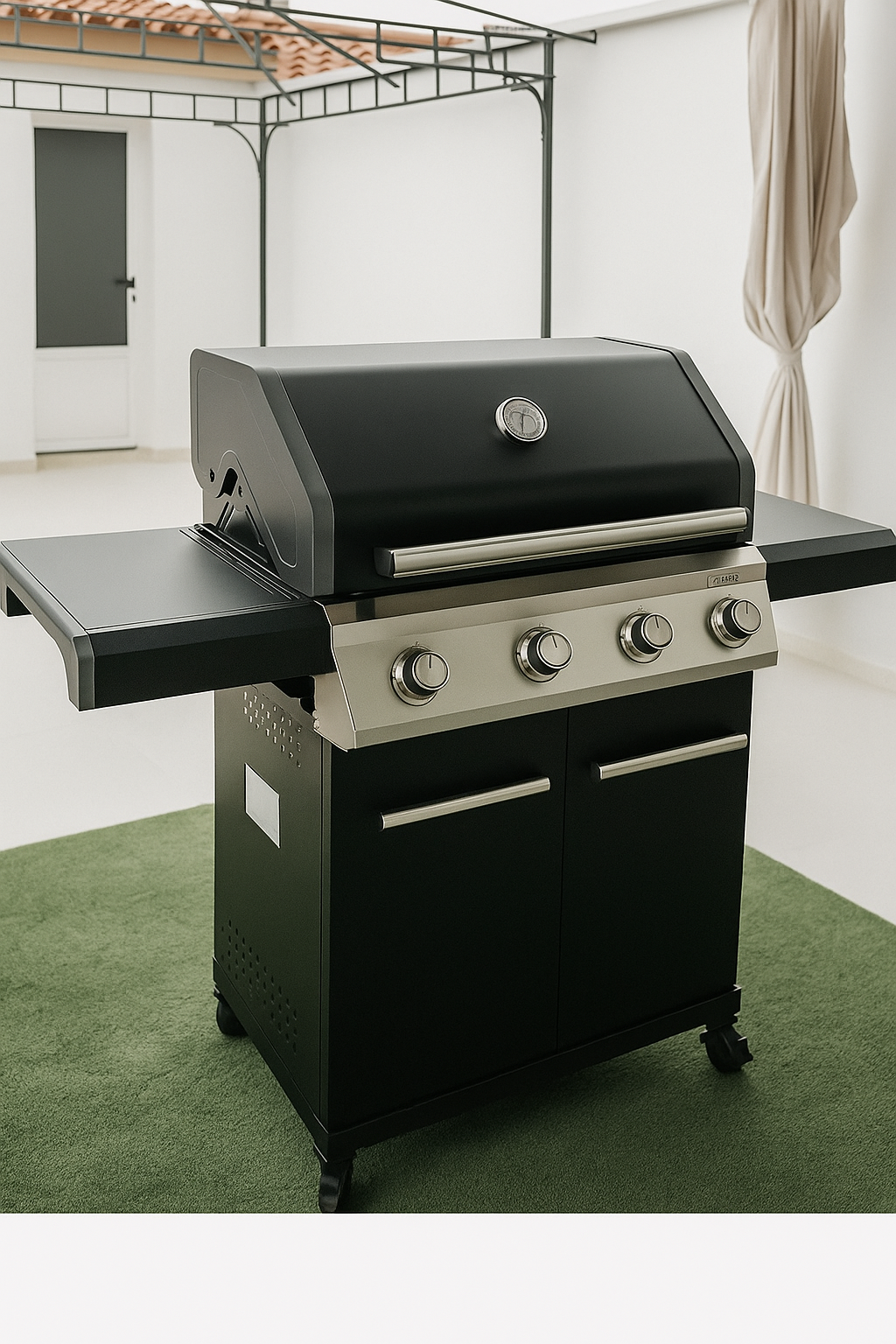 Parrilla de gas negra con estantes laterales y ruedas sobre alfombra verde en un espacio exterior con fondo de paredes blancas y toldo beige.