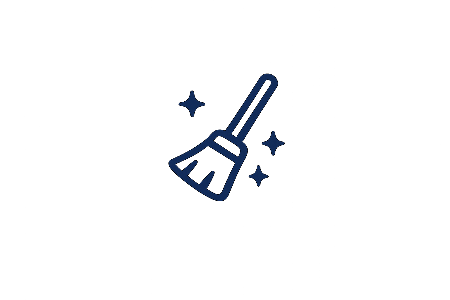 Ilustración simple de una escoba con estrellas brillando alrededor, en un fondo oscuro con un efecto de desenfoque o neblina.