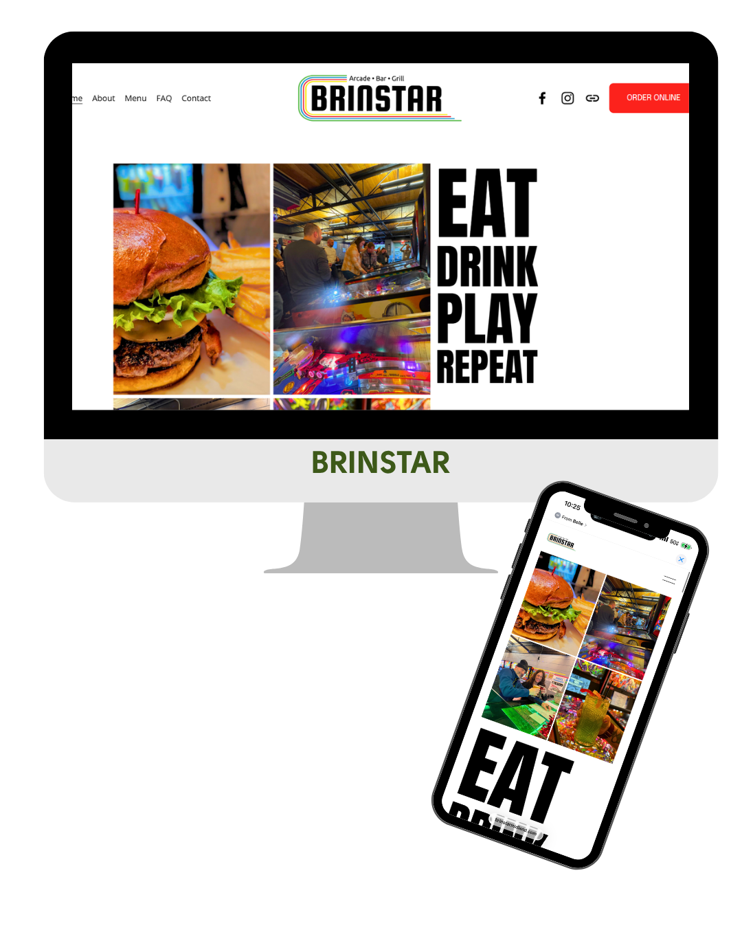 Screenshot of the Brinstar arcade, bar, and grill website and a red 'Order Online' button showing MadeUp Media's experience in Website design, responsive design, and maintenance services for local restaurants.