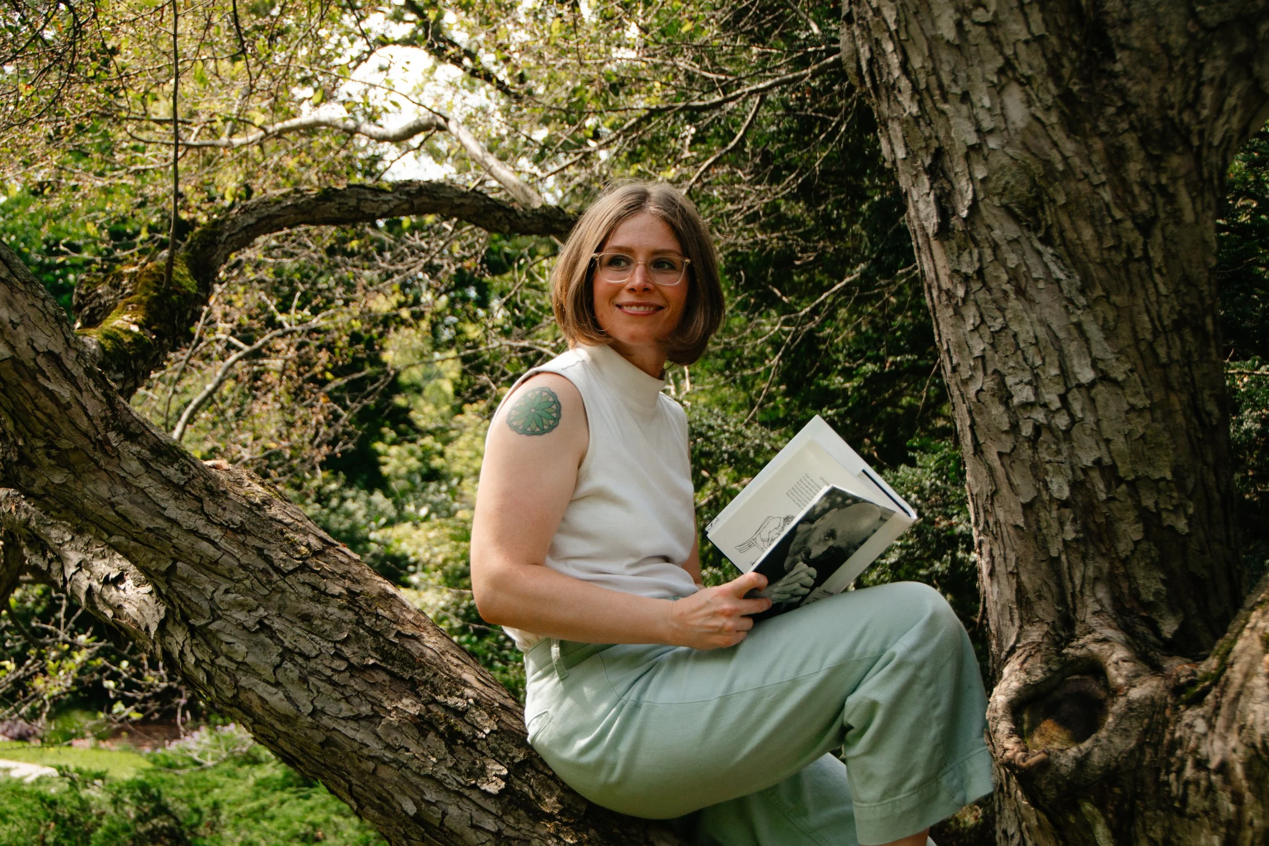 Small business marketing expert, Kathleen Haney sitting on a tree branch, reading a book, surrounded by green leaves and branches, reflecting on the beauty of her Mid Michigan Community.