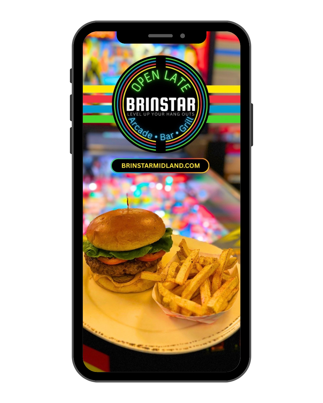 Mobile digital ad desig, social media content, and restaurant marketing by Made Up Media for Brinstar arcade, bar, and grill.