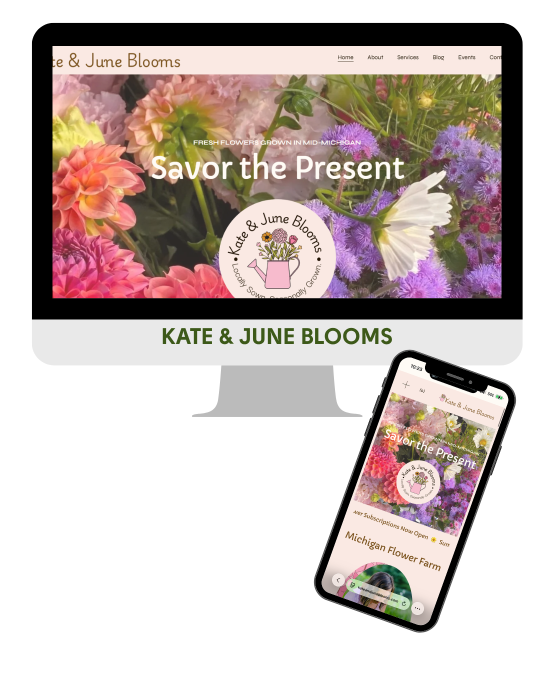 A website homepage displaying colorful flowers and a logo for Kate & June Blooms featuring a watering can with flowers, showing MadeUp Media's experience in Website design, responsive design, and maintenance services.