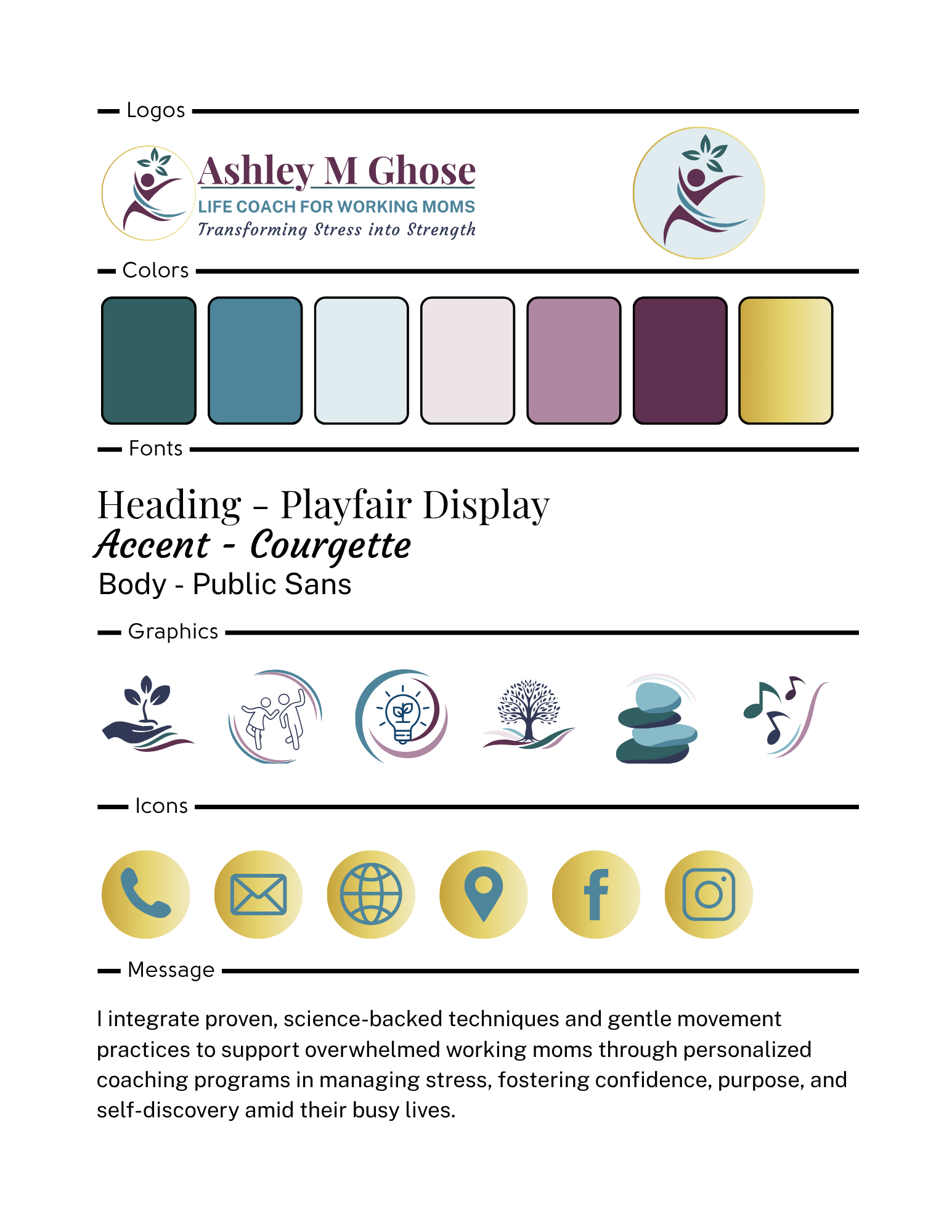 A Custom brand identity, logo design, and marketing style guide displaying logos, color palette, fonts, icons, and message for Ashley M Ghose, a life coach for working moms.