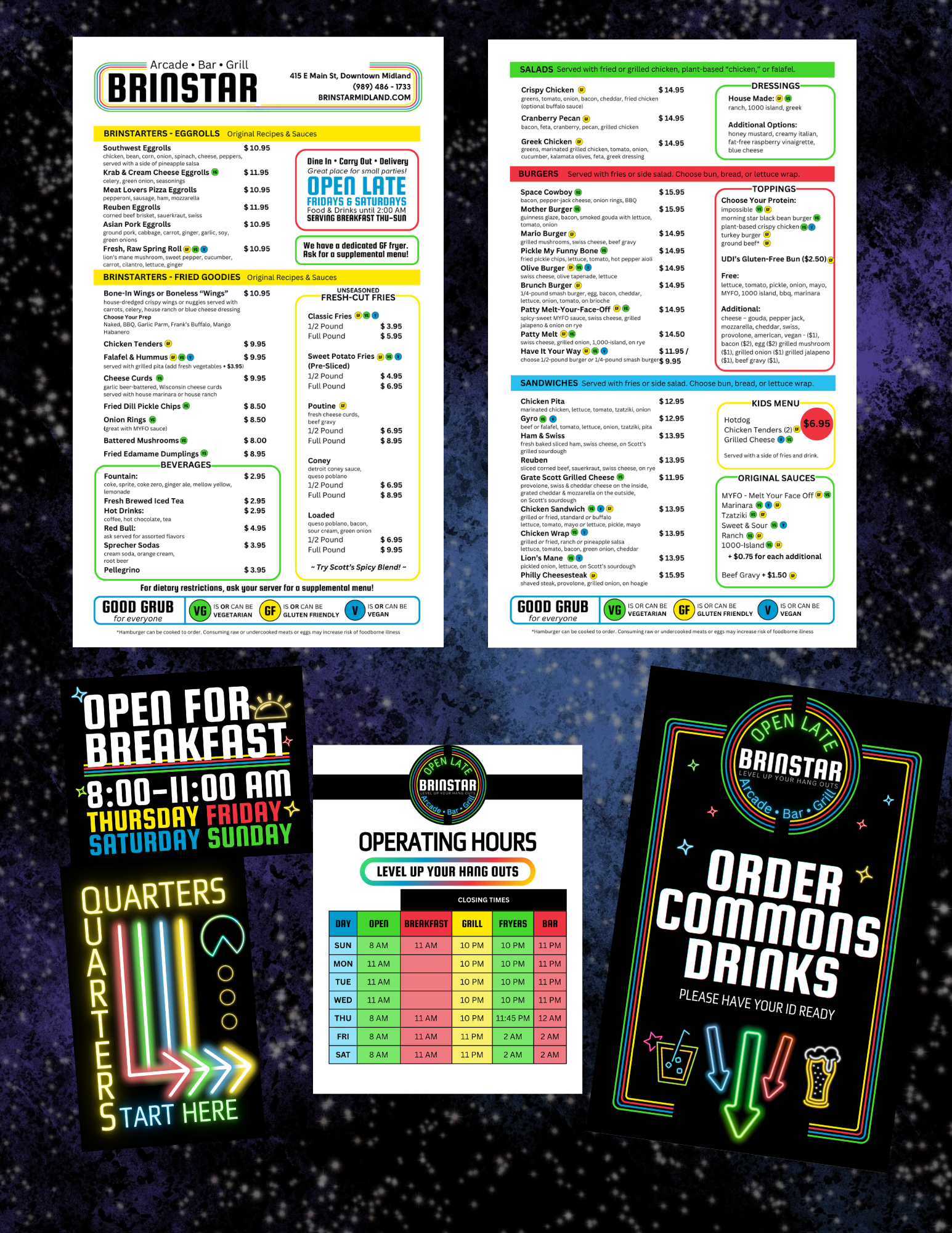 Colorful flyers for Brinstar arcade, bar, and grill, displaying menu, operating hours, and order instructions with neon-style graphics and starry background.