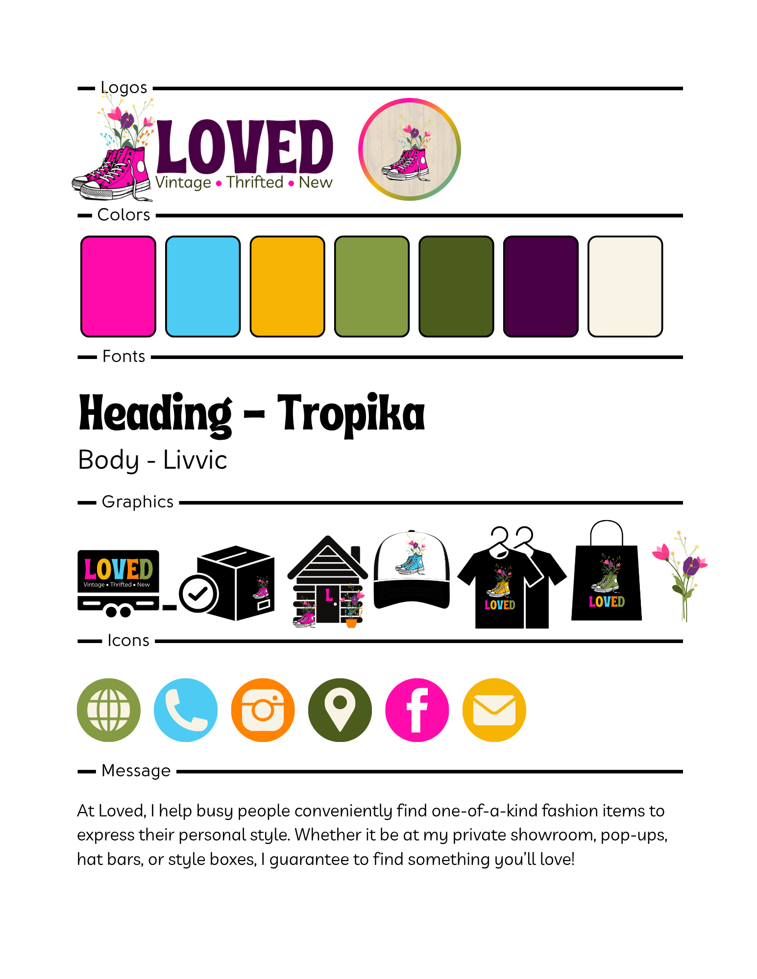 Logo for 'Loved' brand featuring a pink sneaker with flowers, color palette with pink, blue, orange, olive green, dark green, purple, and cream, and various icons for global, phone, camera, location, Facebook, email, and message.