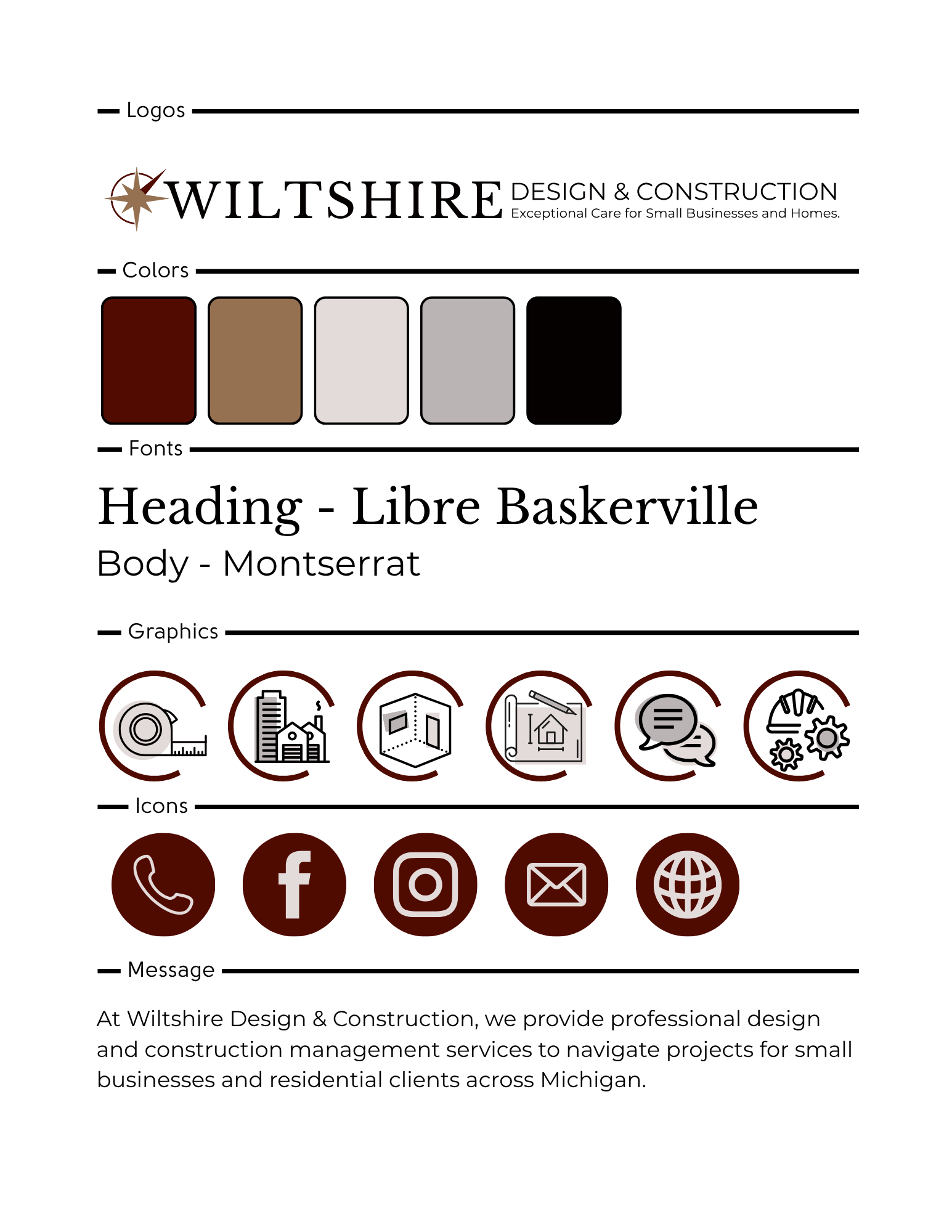 A professional design and construction company branding illustration that includes the company name Wilshire Design & Construction, a color palette with dark red, brown, white, gray, and black, font options such as Libre Baskerville for headings and Montserrat for body text, a series of icons representing communication, building, planning, consultation, and settings, and a paragraph describing the company's services for small businesses and residential clients across Michigan.