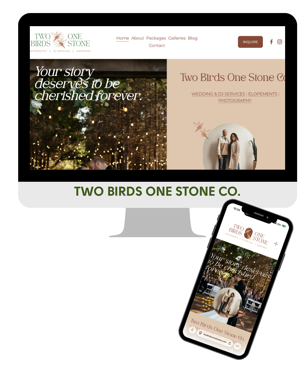 Screenshot of the Two Birds One Stone Co. website and the company logo showing MadeUp Media's experience in Website design, responsive design, and maintenance services.