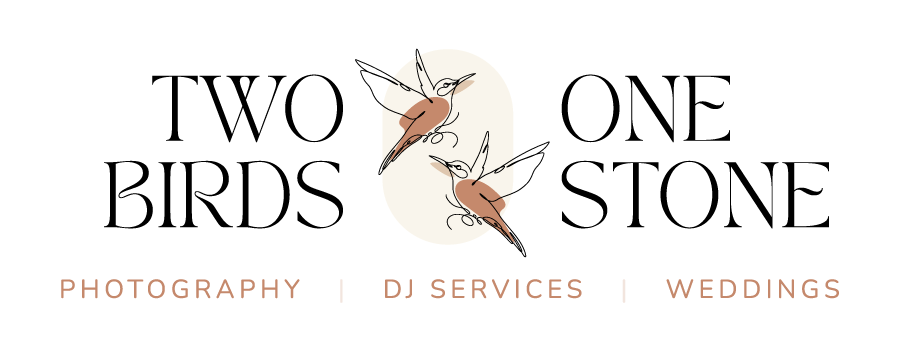Logo featuring two hummingbirds perched on a branch within a gold oval, with text below reading "Photography | DJ Services | Weddings" in brown font. This shows the logo of the company leaving a positive review for small business marketing services.