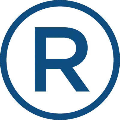R logo of registered trademark in dark blue color.