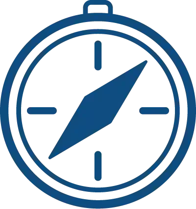 A blue compass with a needle pointing northeast.