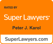 Orange banner with white and black text promoting Super Lawyers and Peter J. Karol, with a website link SuperLawyers.com
