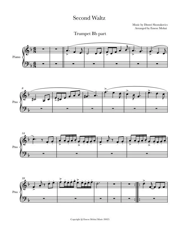 EMESE MOHAI COLLECTION- SECOND WALTZ BY DIMITRI SHOSTAKOVICS - TRUMPET Bb EASY SOLO