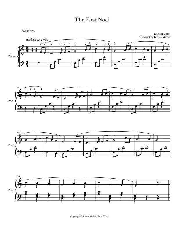 EMESE MOHAI COLLECTION- THE FIRST NOEL - HARP SOLO INTERMEDIATE LEVEL