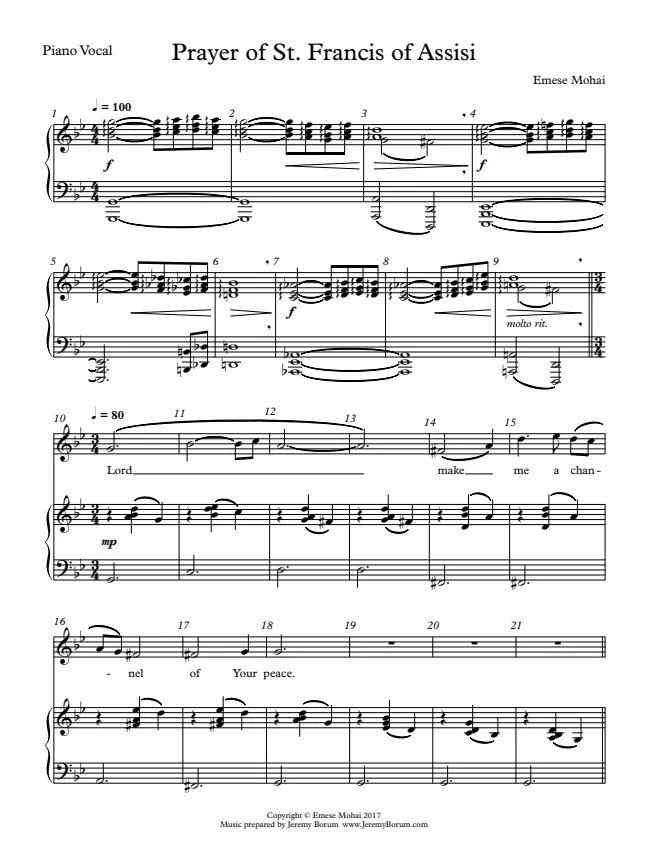 EMESE MOHAI COLLECTION- PRAYER OF SAINT FRANCIS OF ASSISI- PIANO VOCAL ARRANGEMENT