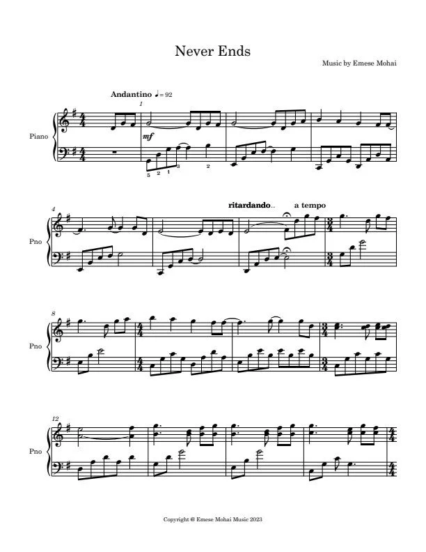 EMESE MOHAI COLLECTION- NEVER ENDS- PIANO SOLO INTERMEDIATE LEVEL
