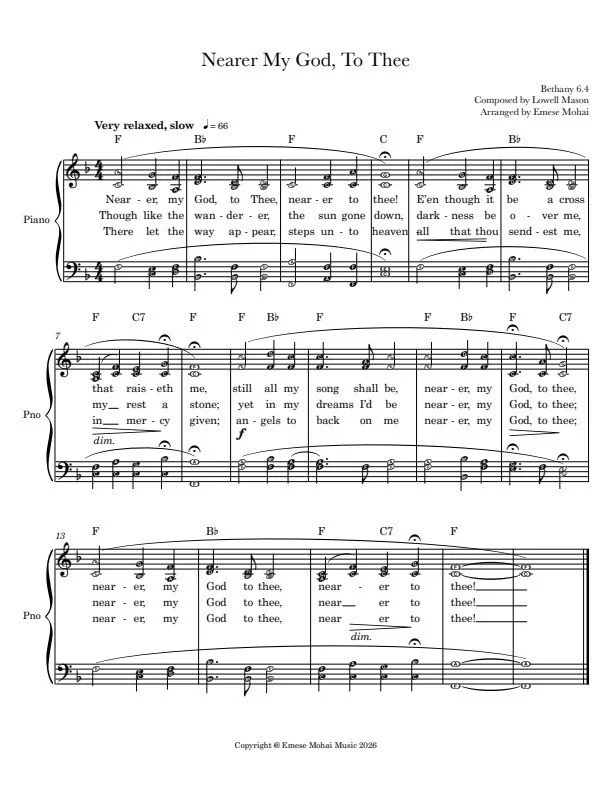 EMESE MOHAI COLLECTION- NEARER MY GOD, TO THEE! - PIANO-CHORDS- LYRICS- INTERMEDIATE LEVEL