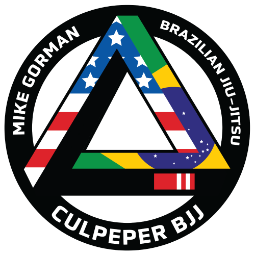 Logo for Mike Gorman Brazilian Jiu-Jitsu Culpeper BJJ featuring a triangle design with American, Brazilian, and Japanese flags and text around it.