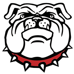 A graphic illustration of a bulldog's head with a fierce expression, wearing a red spiked collar.