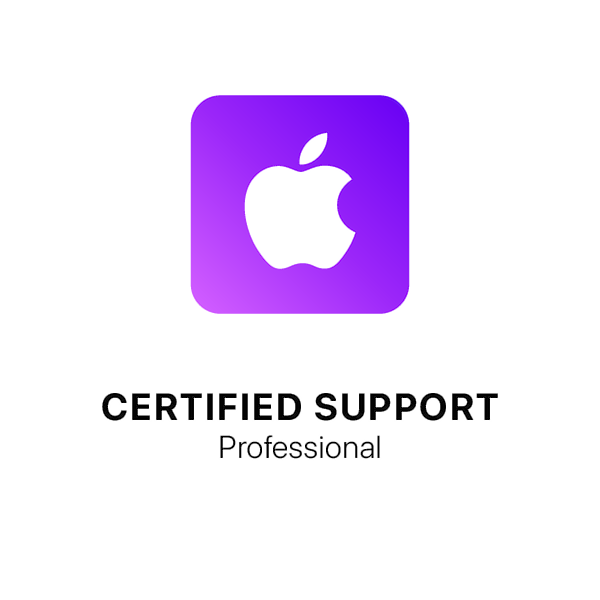 Apple Certified Support Professional logo with purple background and white Apple logo.