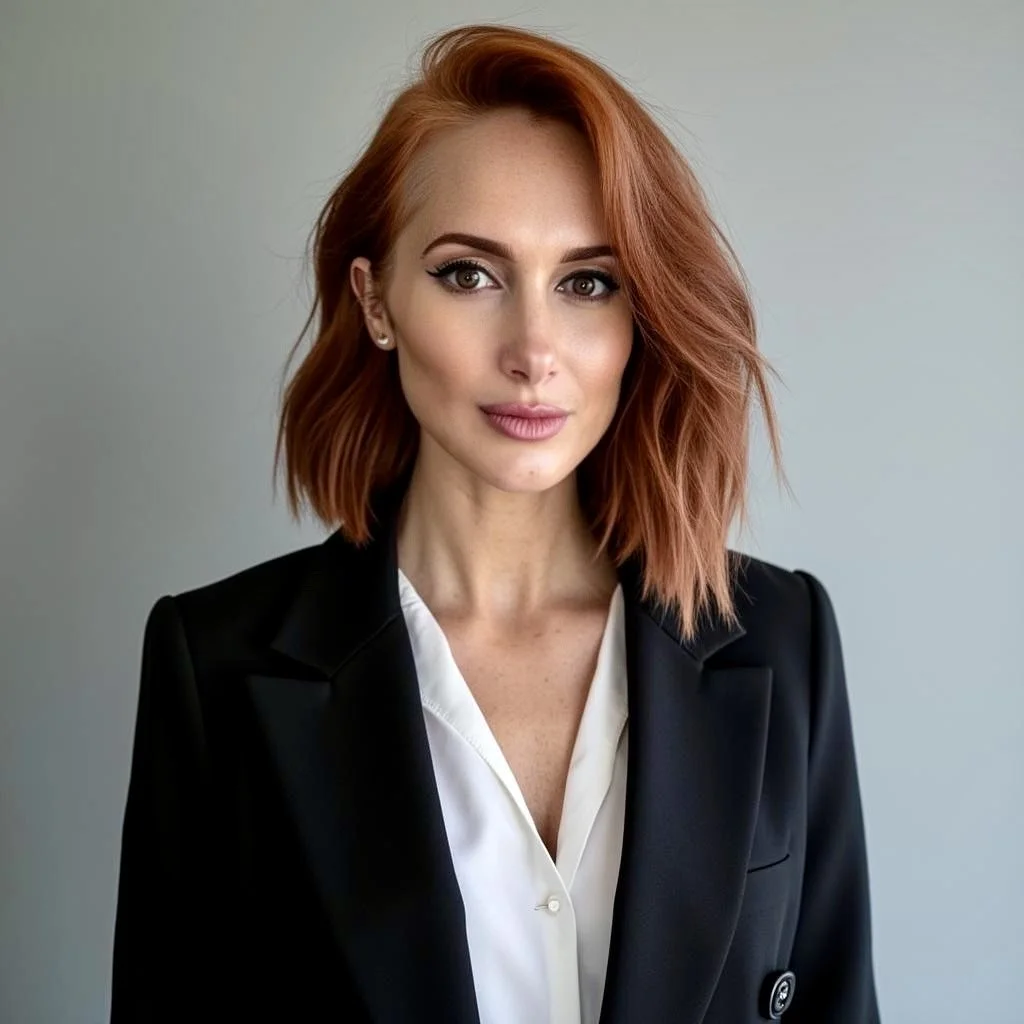 A woman with shoulder-length red hair, wearing a black blazer over a white blouse, looking directly at the camera with a neutral expression.