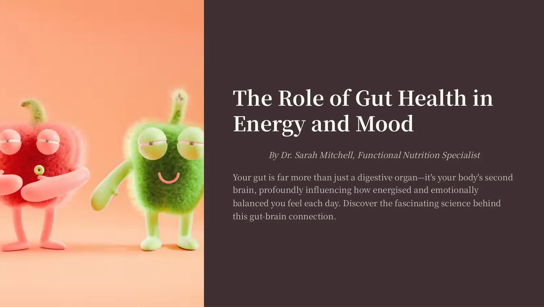 Cover page for an article titled 'The Role of Gut Health in Energy and Mood' with cartoon images of a smiling red apple and a smiling green pear character, both with eyes and mouths, against a peach-colored background.