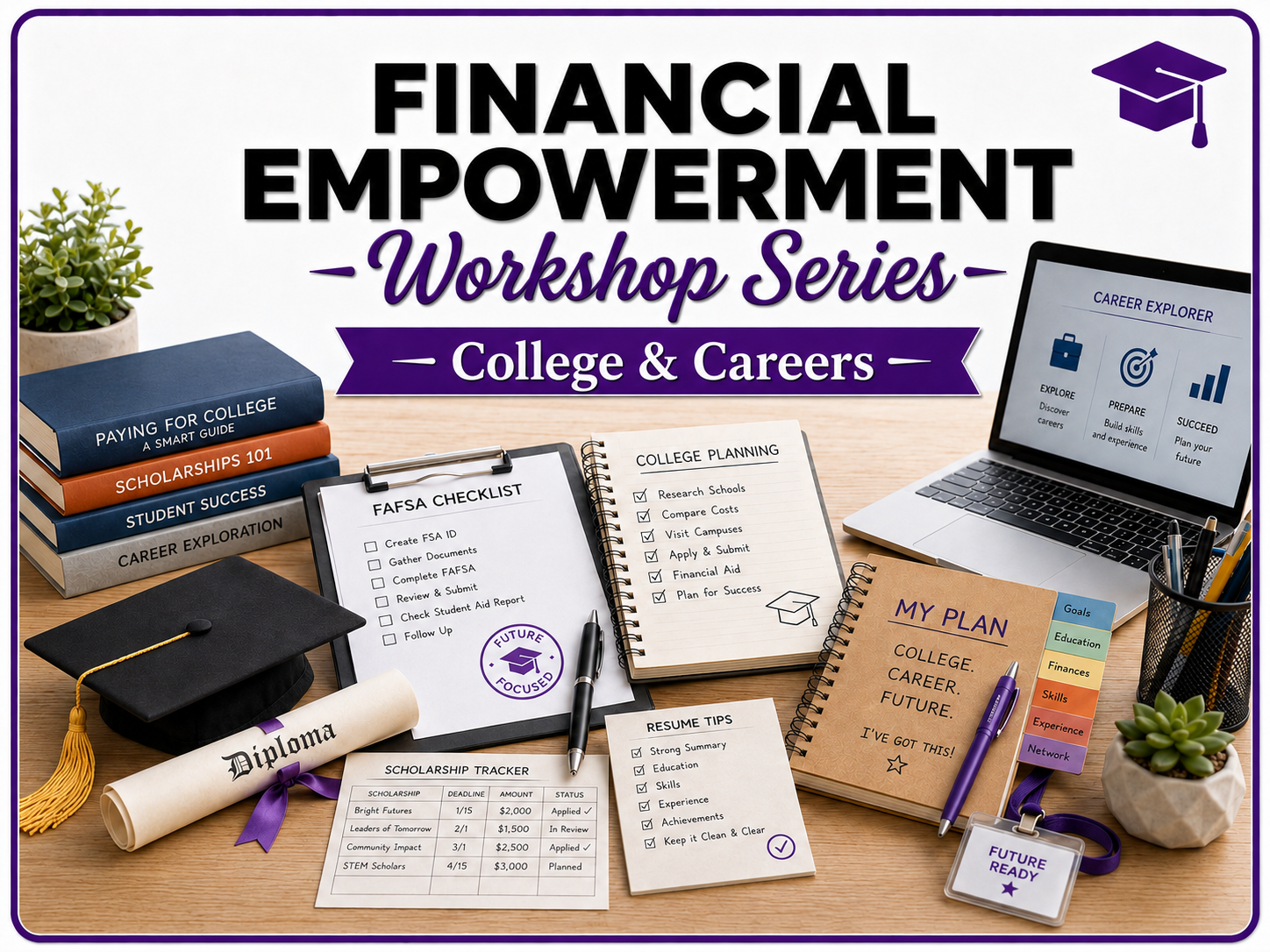 College & Career Money Smarts workshop: Youth learn about FAFSA, Chafee, scholarships, student loans, college budgeting, and managing job or stipend income.
