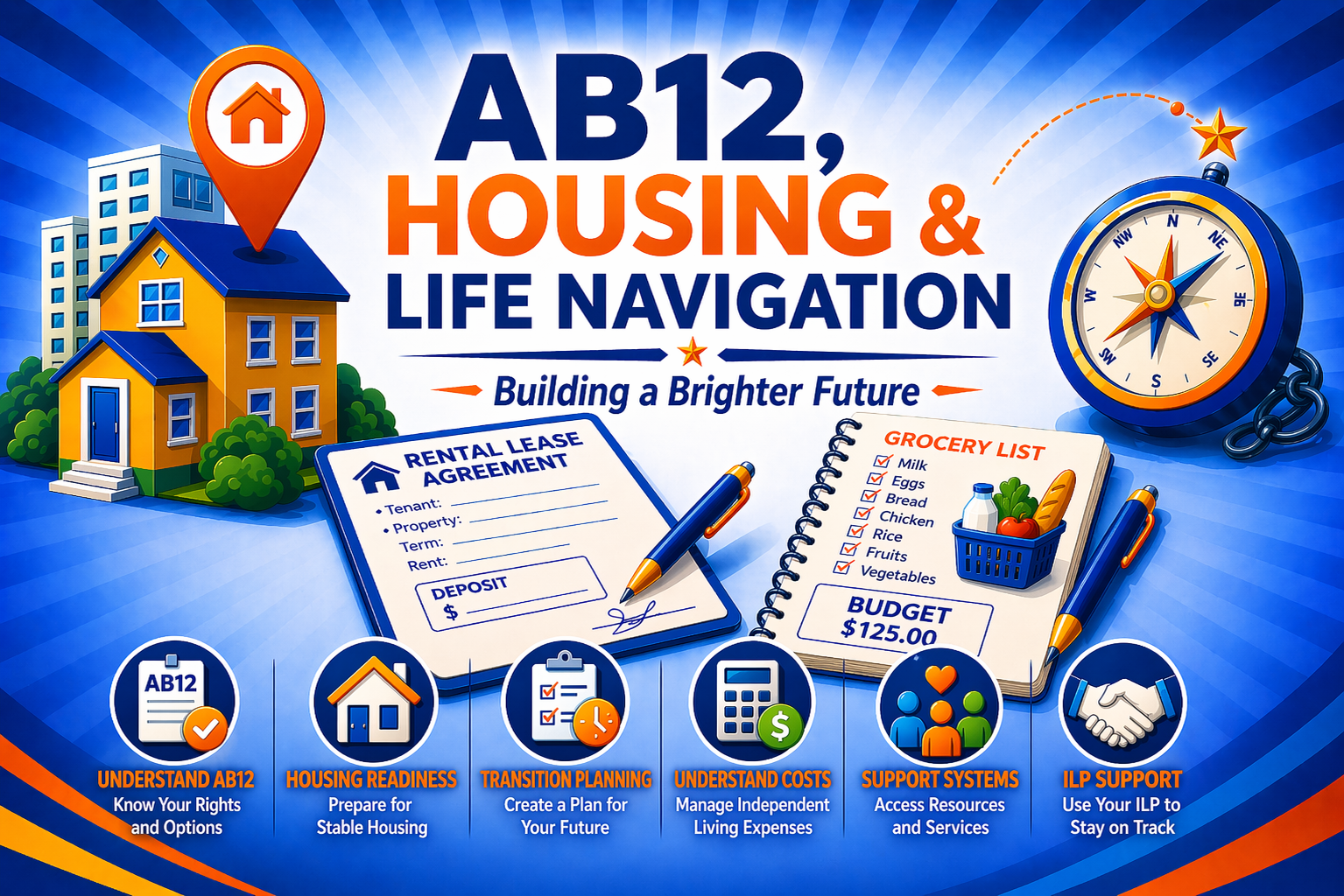 AB12, housing, & life navigation workshop: Youth learn how to navigate AB12 and ILP benefits, prepare for housing, understand real-world living costs, and gather important documents needed for adulthood.